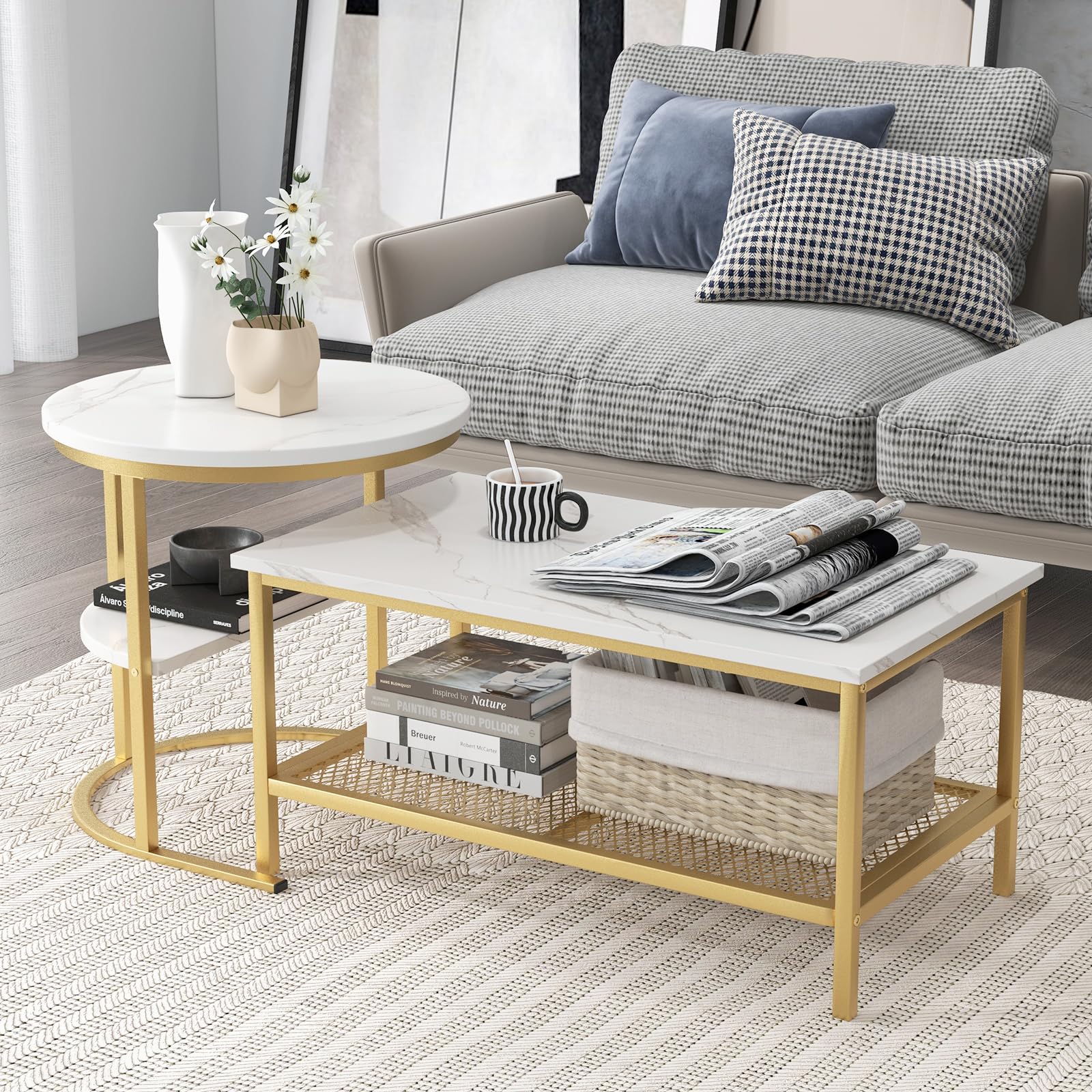 Giantex Nesting Coffee Table Set Of 2, Detachable Rectangular Table & Round Table Set W/White Faux Marble Print, Sturdy Golden Metal Frame, Modern Stacking Side Table For Living Room, Bedroom(Gold)
