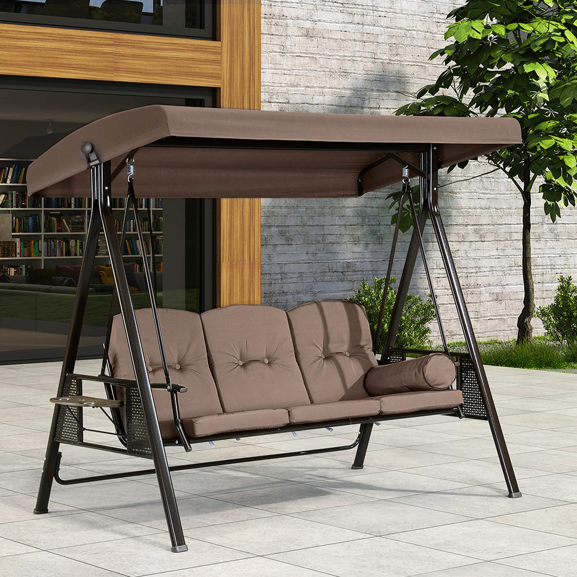 Purple Leaf 3-Seat Deluxe Outdoor Patio Porch Swing With Weather Resistant Steel Frame, Adjustable Tilt Canopy, Cushions And Pillow Included, Beige