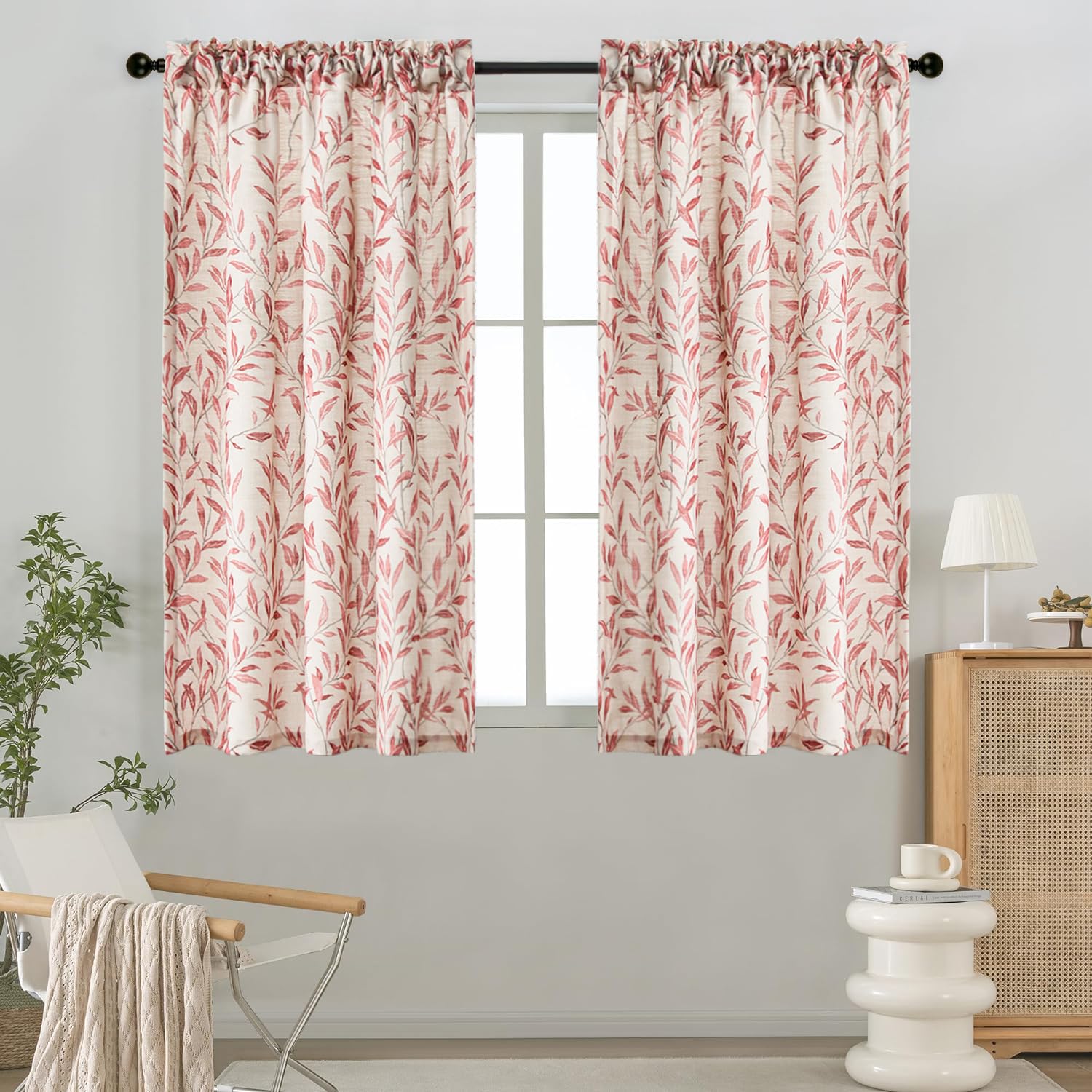 Vogol Small Window Curtains, 2 Panels Leaves Pattern Window Treatment, 54 Inch Length Decorative Drapes For Kitchen Home Office