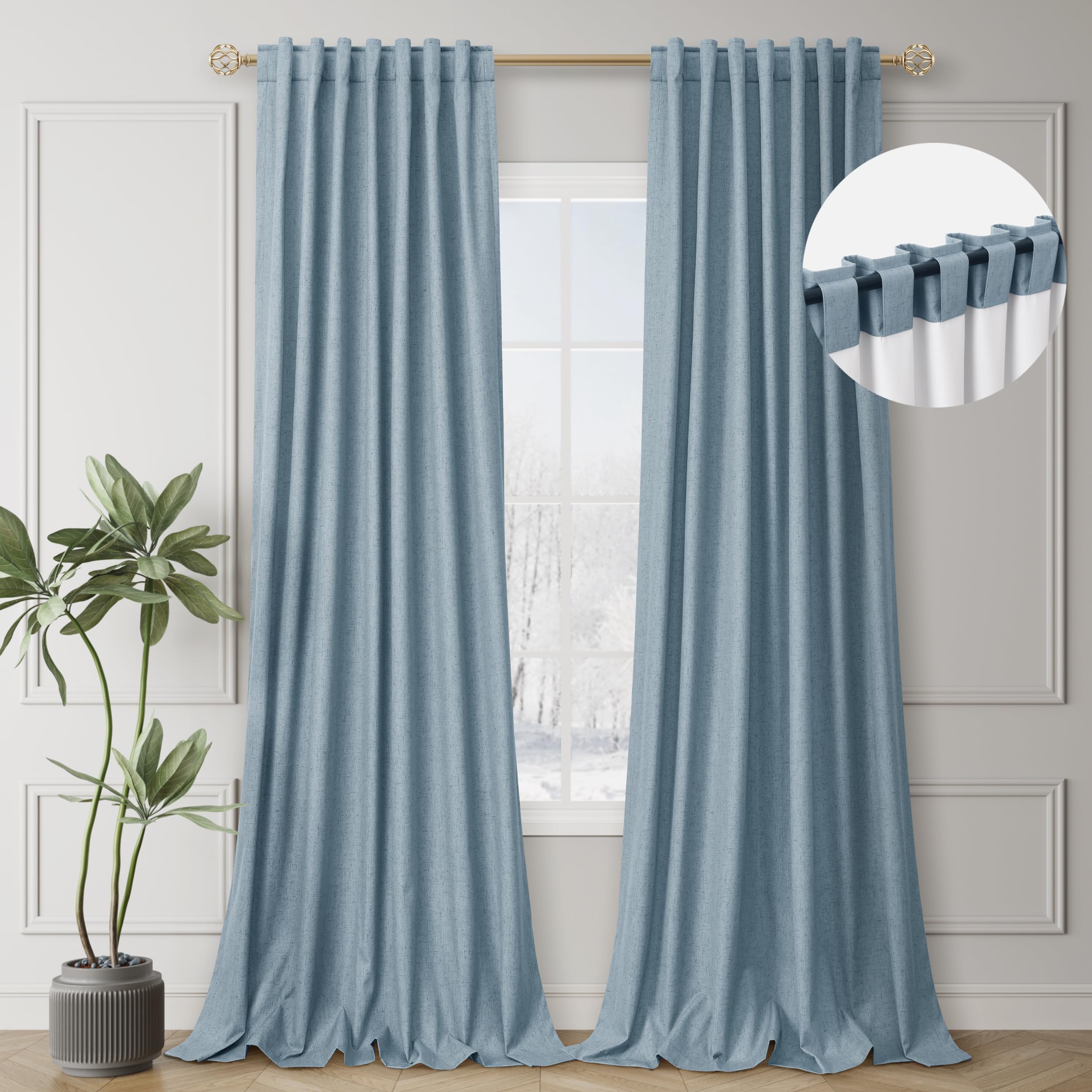 Boodii Room Darkening Curtains 96 Inches Long For Living Room Back Tab Blue Blackout Curtains Neutral Aesthetic Linen Textured T