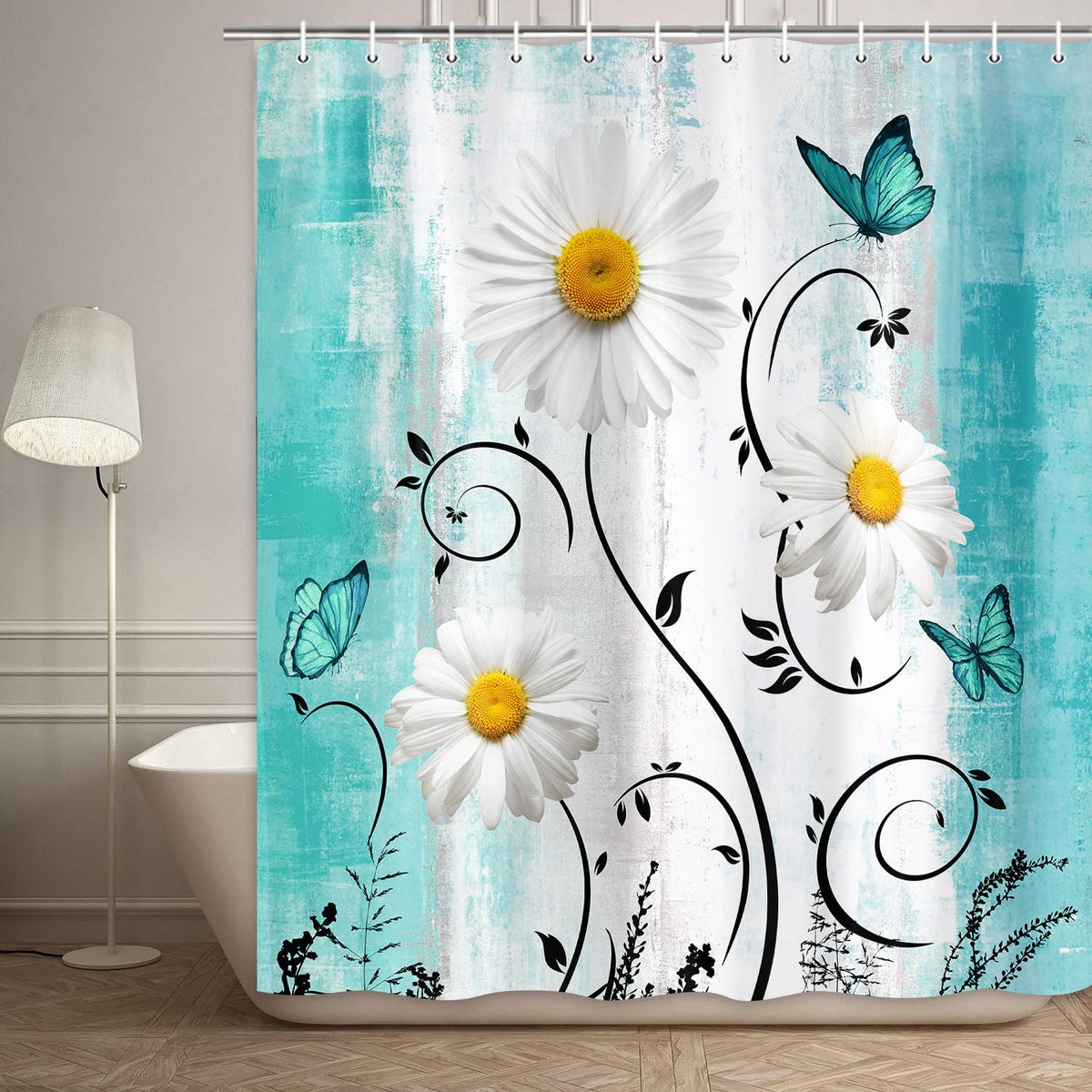 Jawo Rustic Farmhouse White Daisy Shower Curtain, Farm Teal Daisy Floral Flowers And Butterfly On Country Wooden Shower Curtain