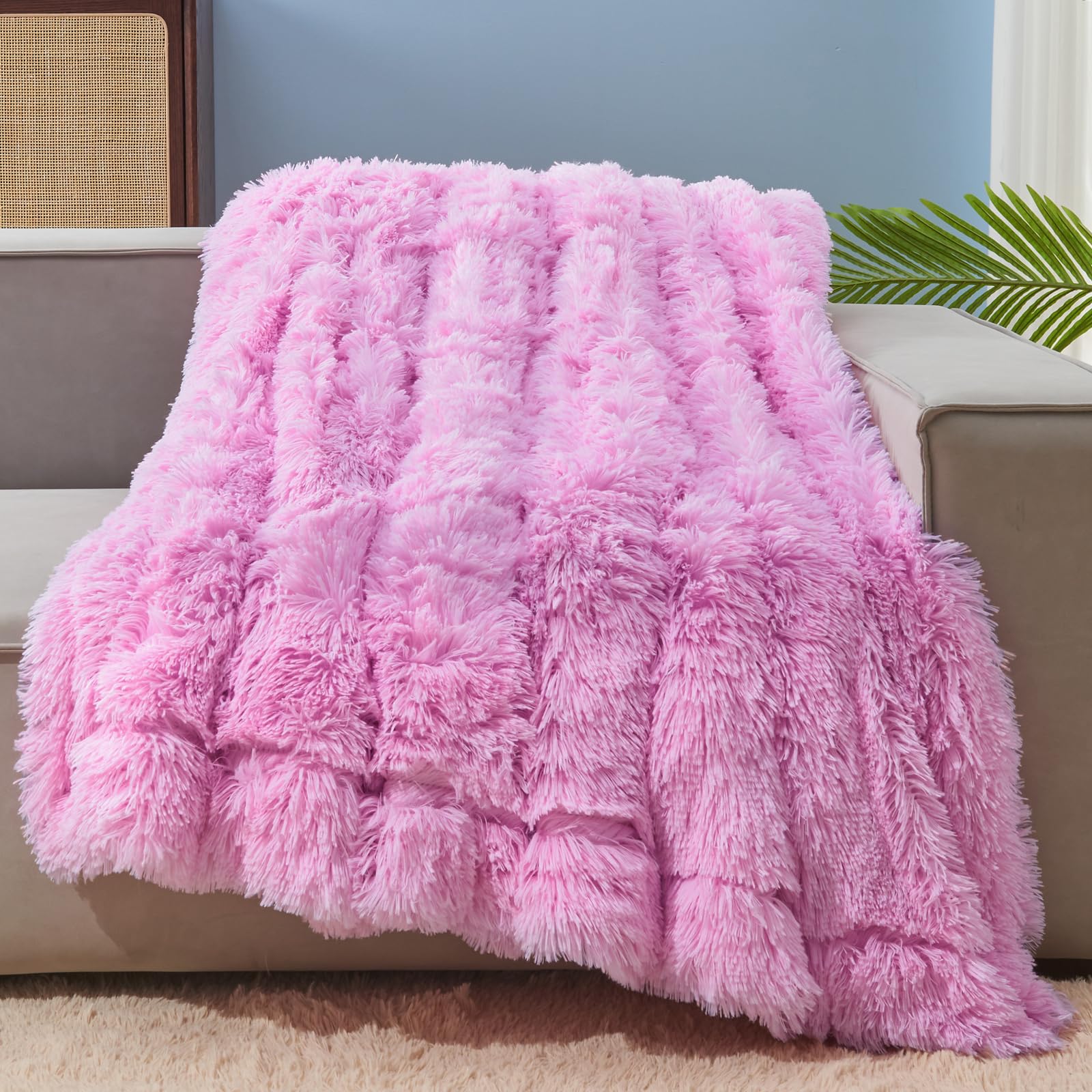 Gonaap Fuzzy Faux Fur Throw Blanket Twin Size Light Pink Super Soft Cozy Plush Fuzzy Shaggy Blanket For Couch Sofa Bed (Light Pi