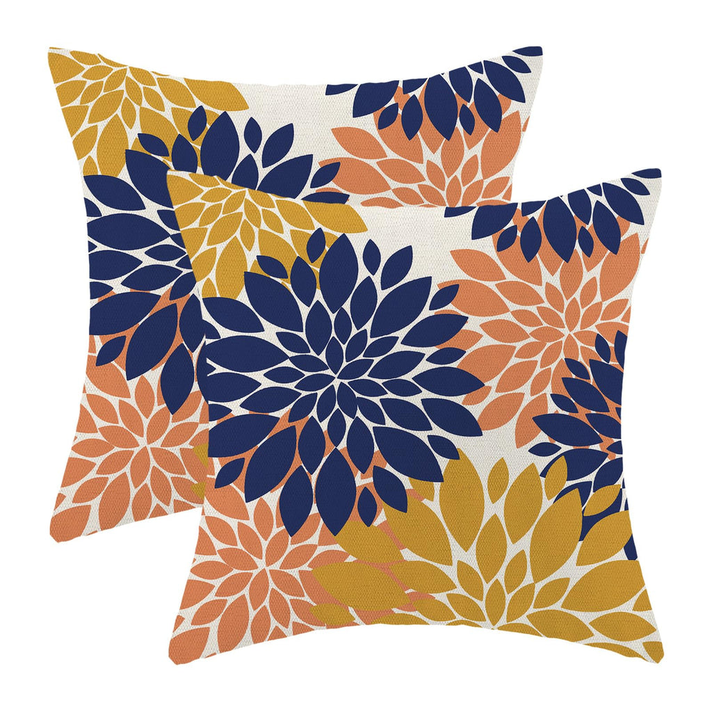 Navy Blue Summer Outdoor Pillow Covers 18x18 Inch Set of 2 Mustard Yellow Coral Dahlia Floral Decor Throw Pillows Modern Geometr