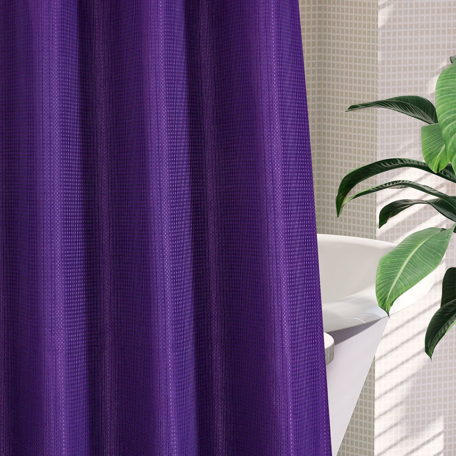 Mitovilla No Hooks Required Purple Waffle Shower Curtain Set With Snap-In Liner, Modern Heavyweight Fabric Shower Curtain For Ho