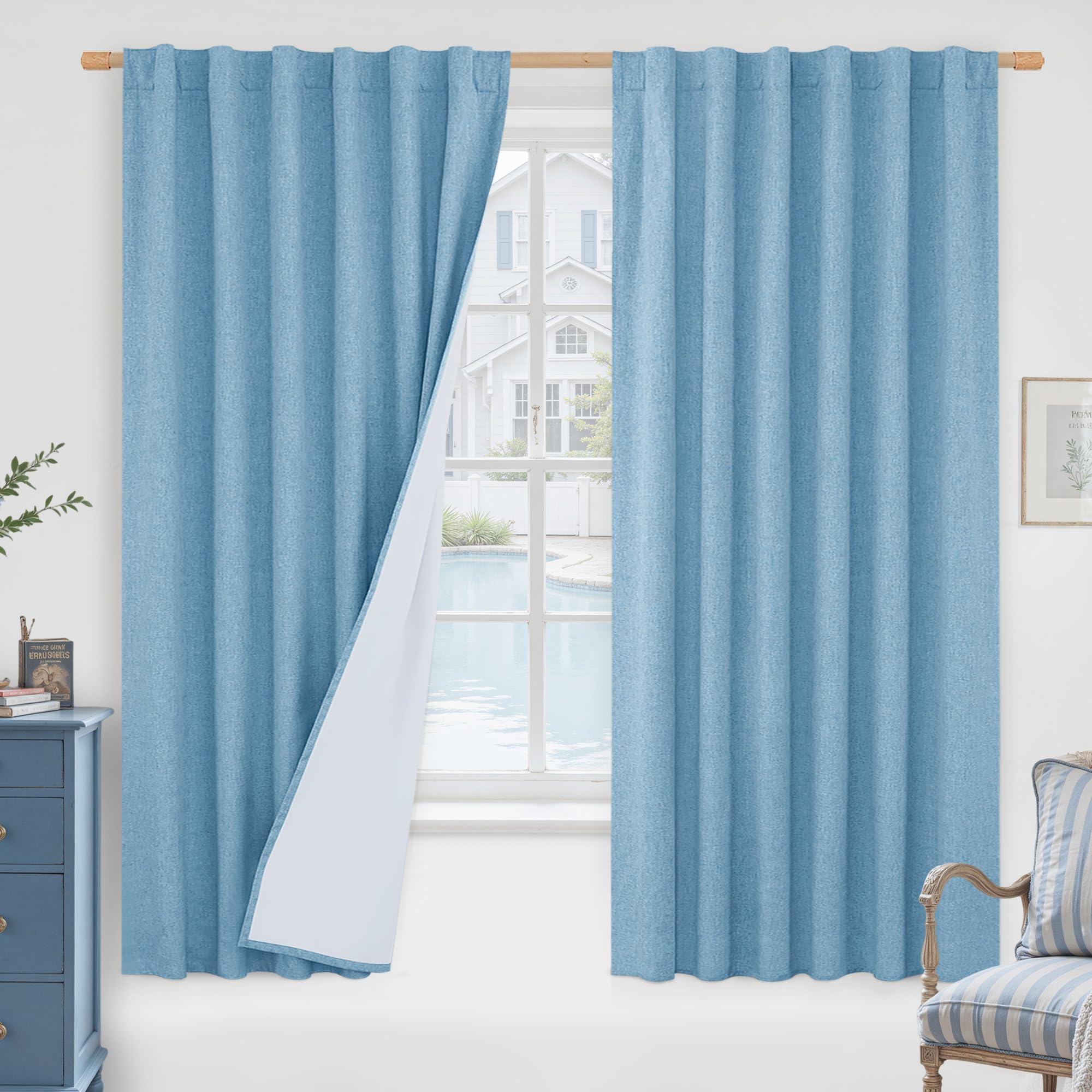 LAMIT 100% Blackout Blue Linen Curtains, 63 Inches Linen Textured Thermal Bedroom Curtains Back Tab and Rod Pocket Neutral Panel