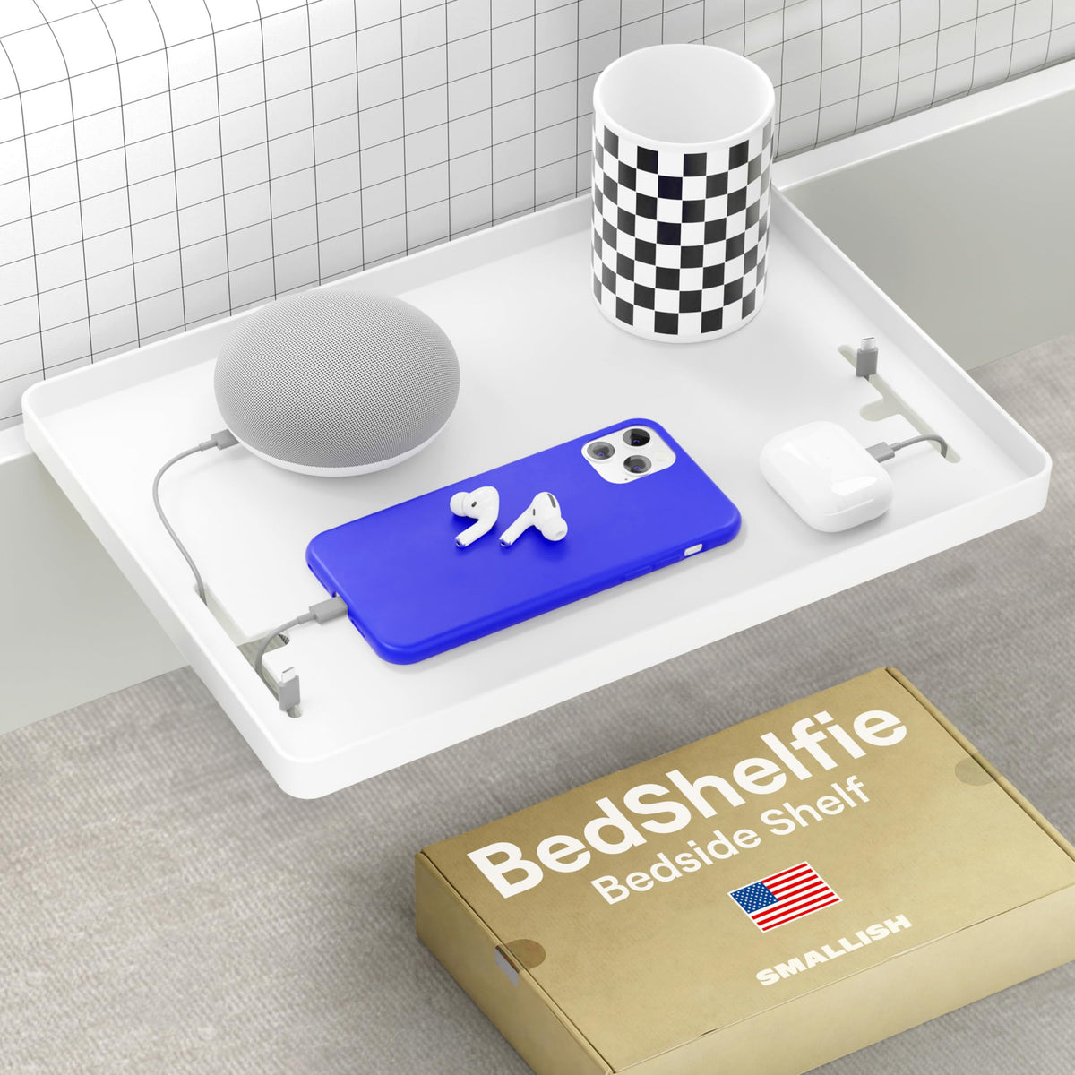 Bedshelfie Bedside Shelf For Bunk Bed & Top Bunk, College Dorm Room Essentials, Clip On Nightstand, Bed Side Table Tray Organizer - Cable Catch, White