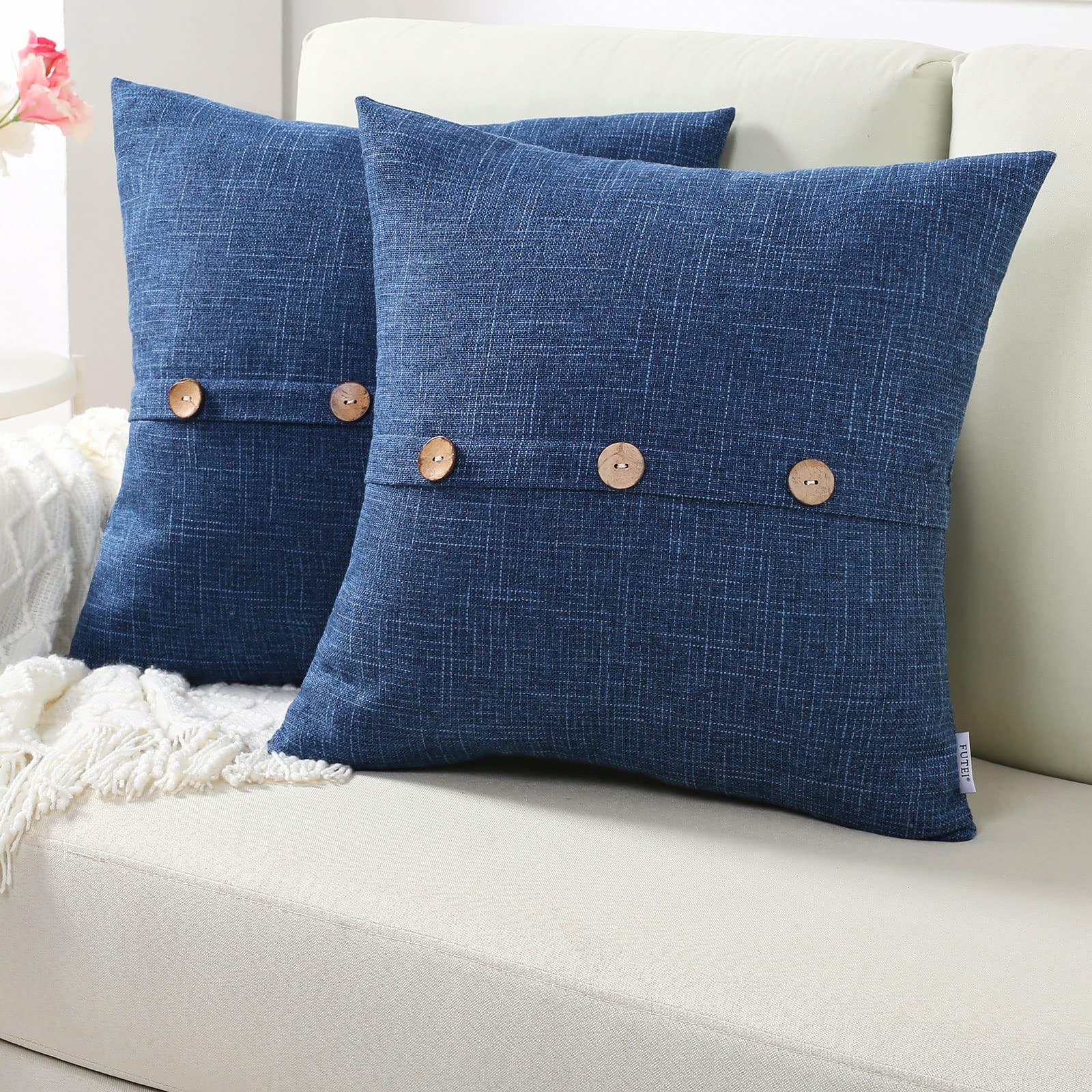 Futei Navy Blue Linen Decorative Throw Pillow Covers 24X24 Inch Set Of 2, Euro Square Cushion Case With Vintage Button/Zipper,Mo