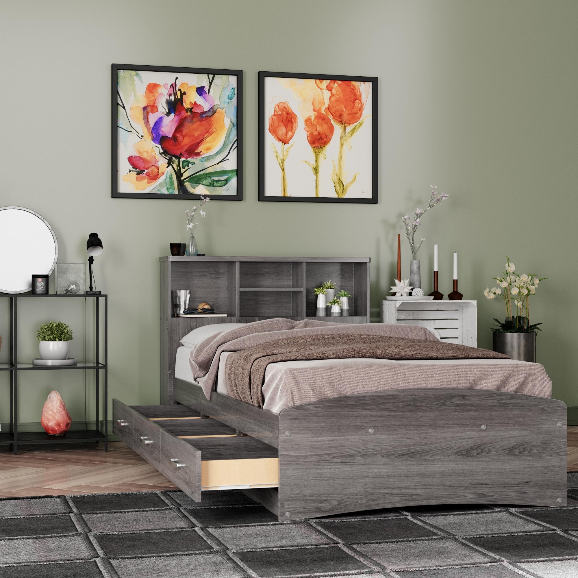 Bed with 3 Drawers and Bookcase Headboard (Grey, Twin)