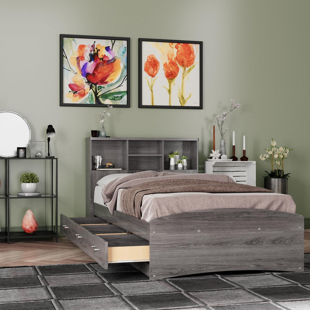 Bed with 3 Drawers and Bookcase Headboard (Grey, Twin)