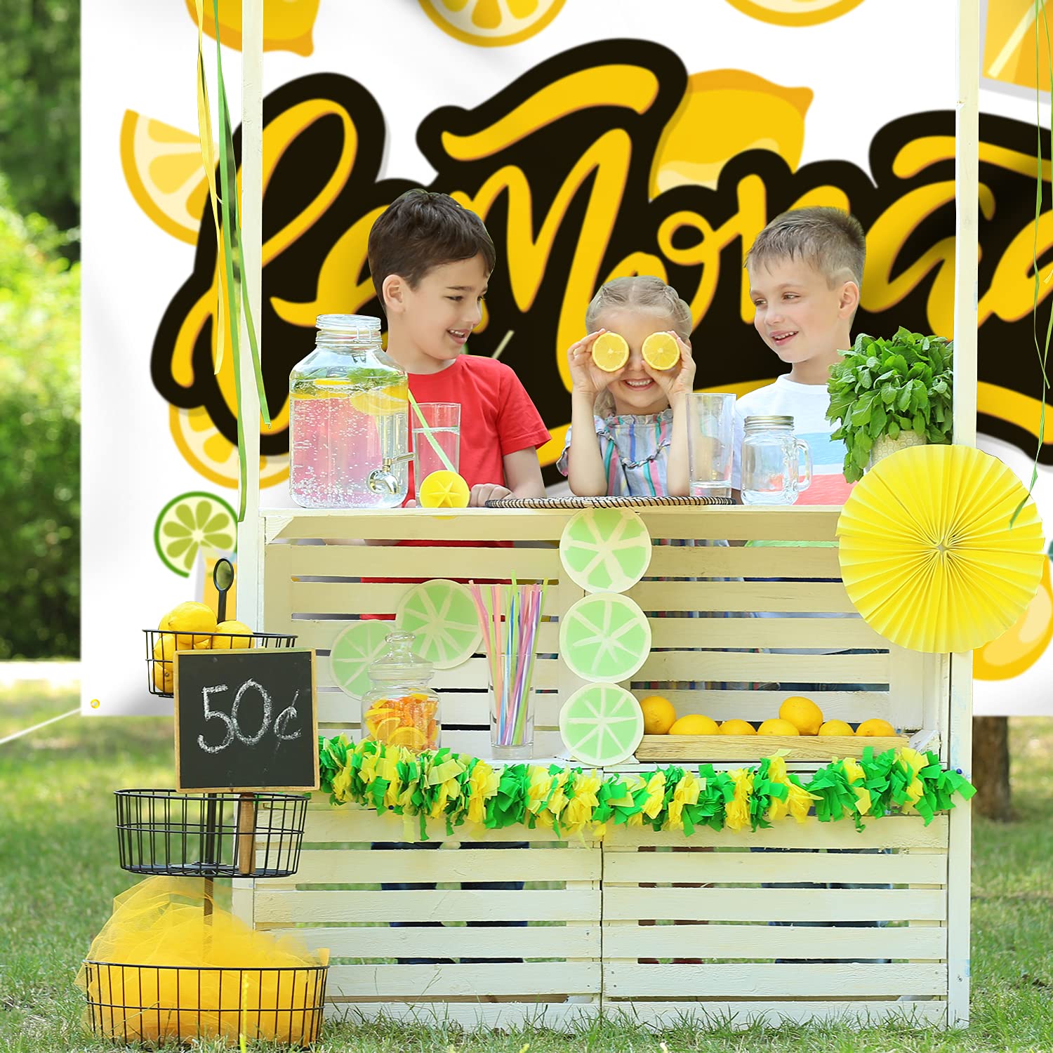Lemonade Backdrop Banner Decor White - Lemon Party Theme Decorations For Lemonade Stand Birthday Supplies,Yellow