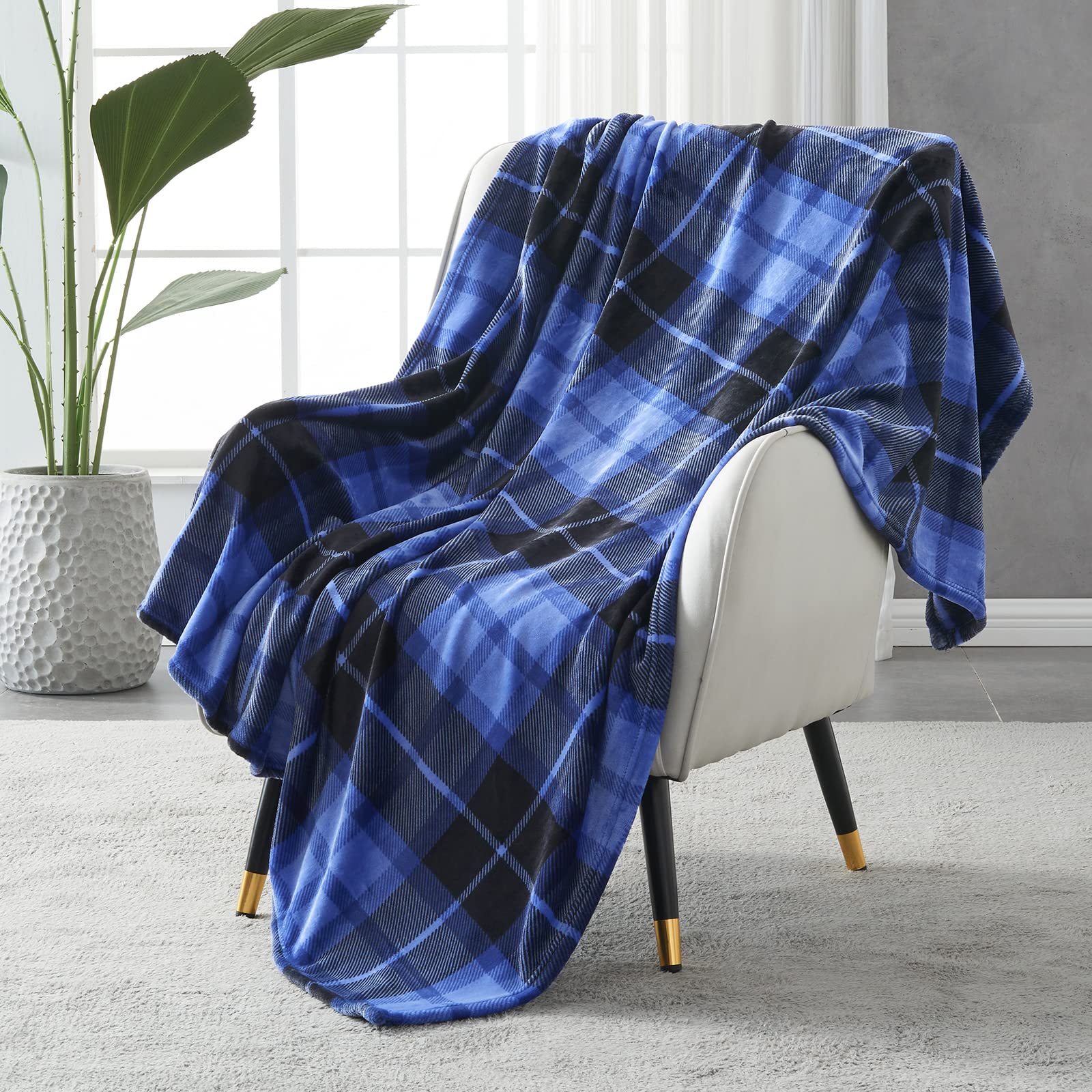 Sochow Flannel Fleece Throw Blanket 50 X 60 Inches, All Season Plaid Blue Blanket For Bed, Couch, Car