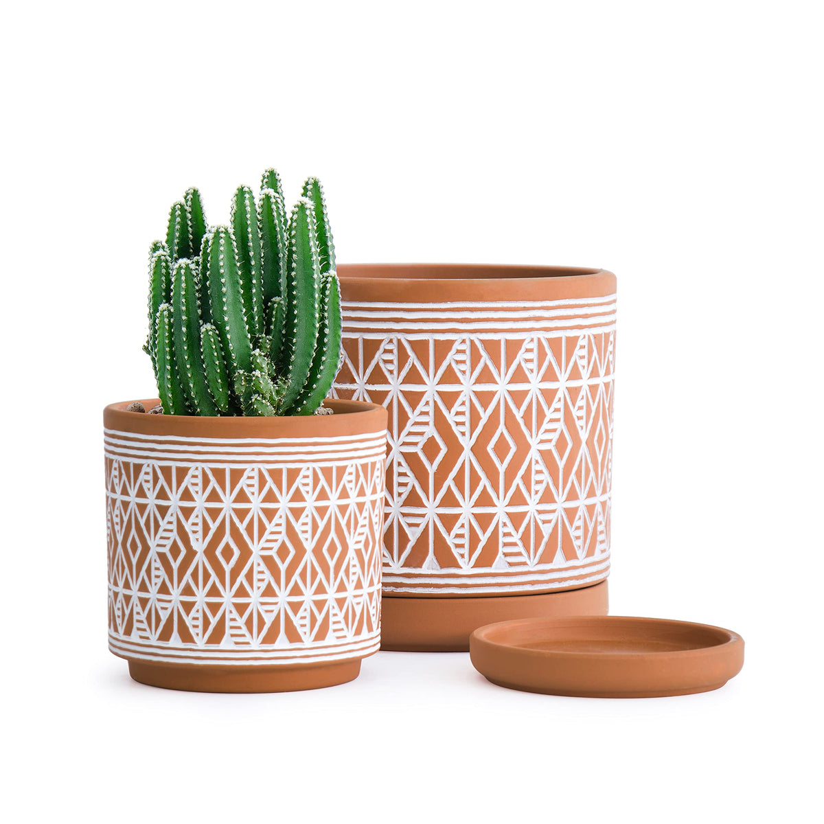 Set Of 2 Terracotta Pots, Diamond Pattern Planter Pot, 4 Inch And 6 Inch, Pot With Drainage Hole And Saucer, Terracotta/White, 3