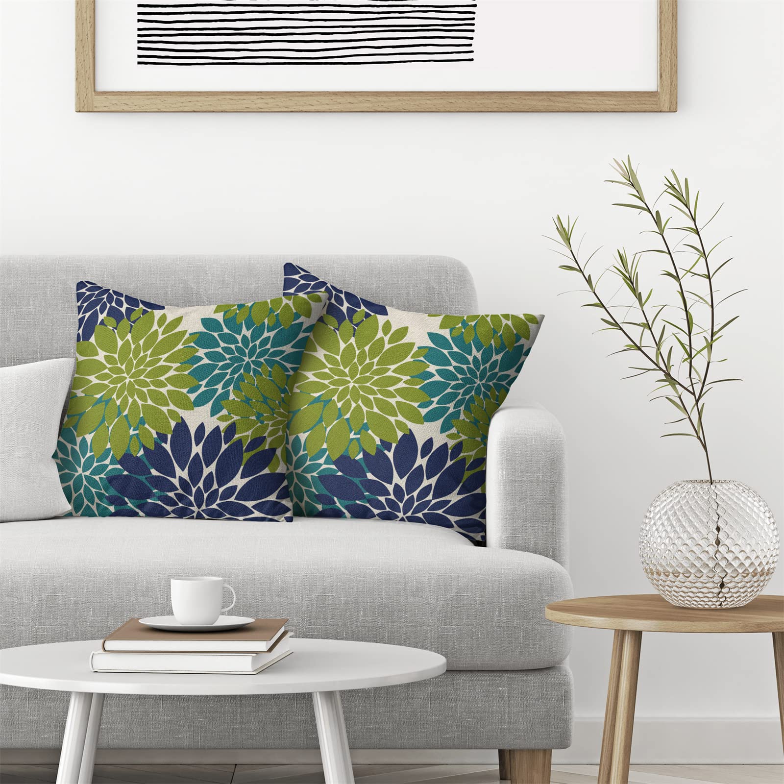 Cxmeifly Navy Blue Sage Green Teal Pillow Covers 16X16 Inch Set Of 2 Dahlia Floral Decor Throw Pillows Summer Modern Geometry Fl