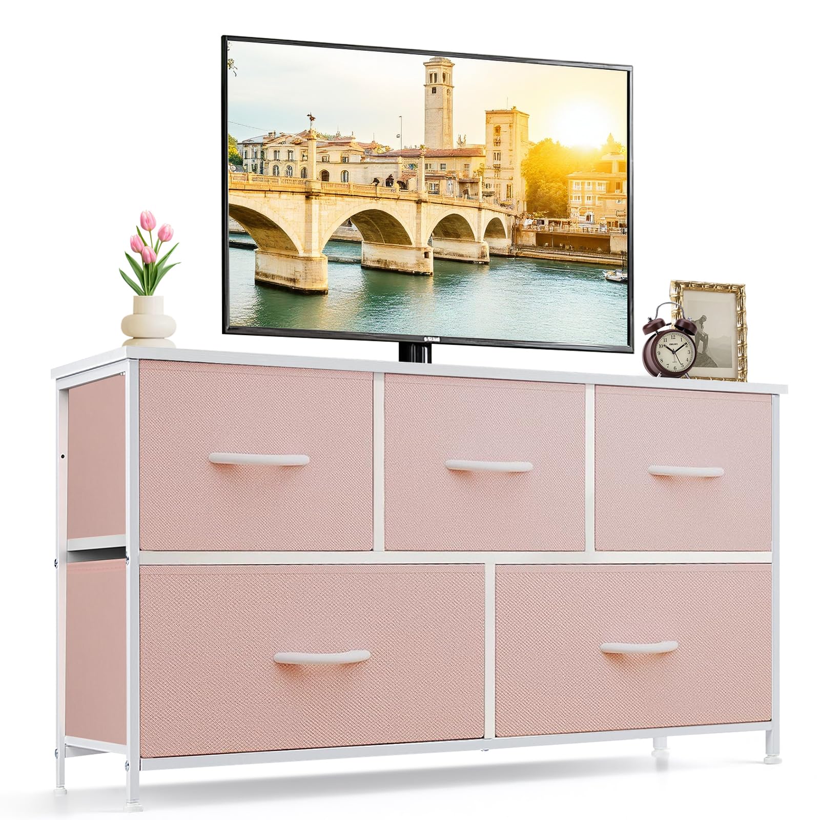 5-Drawer Dresser for Bedroom, Anti-Tip Wide Storage Organizer Fabric Chest of Drawers TV Stand for 45 TV with Wooden Top and Met