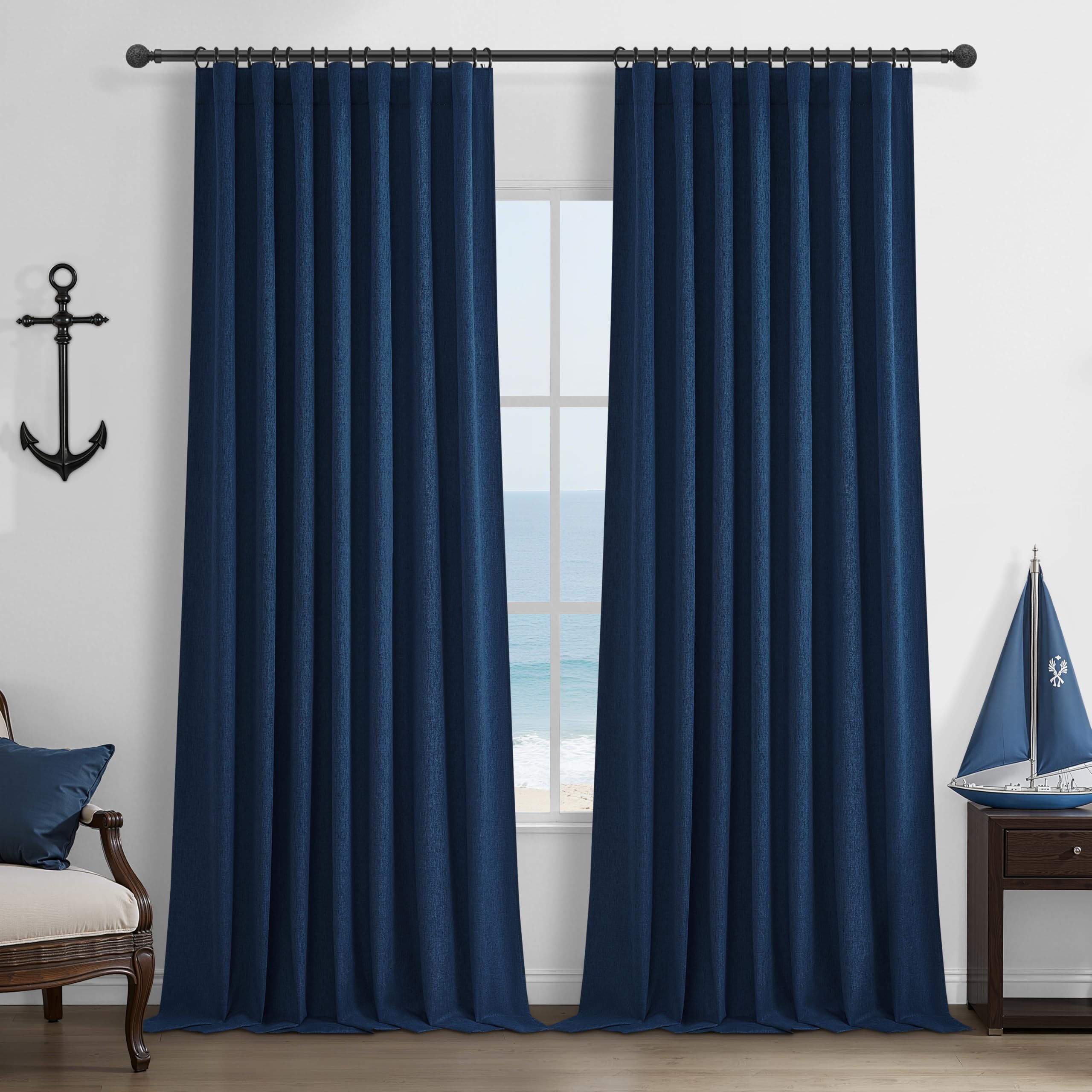 Navy Blue Blackout Curtains 102 Inch Length for Boys Rooms/Bedroom, Floor to Ceiling Track Pleated Drapes with Hooks Linen Therm