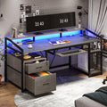 Sedeta 63' Computer Desk, Office Desk With Lockable Drawers For Legal/Letter File, Gaming Desk With Led Lights & Power Outlet, Home Office Desks With Storage, Grey