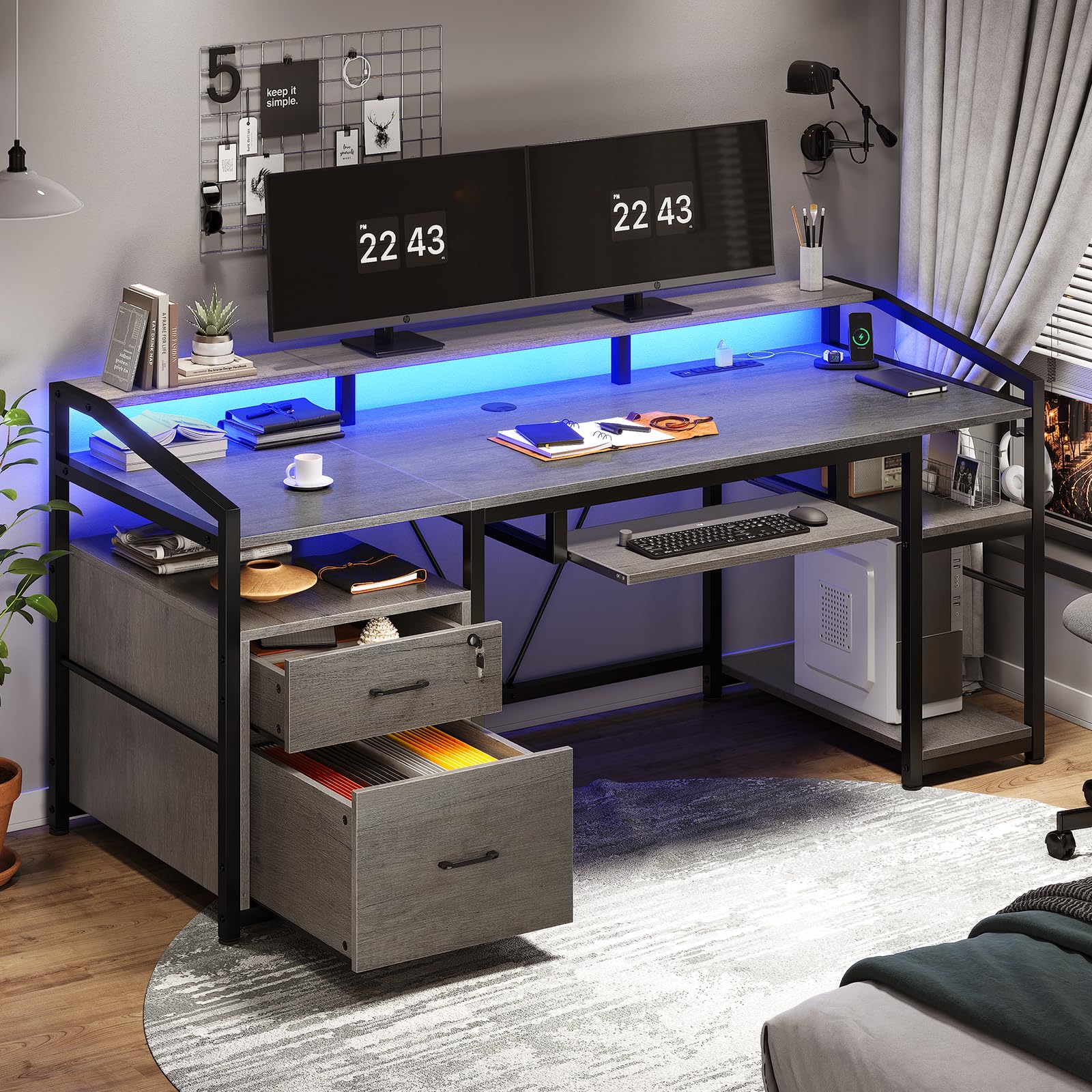Sedeta 63' Computer Desk, Office Desk With Lockable Drawers For Legal/Letter File, Gaming Desk With Led Lights & Power Outlet, Home Office Desks With Storage, Grey