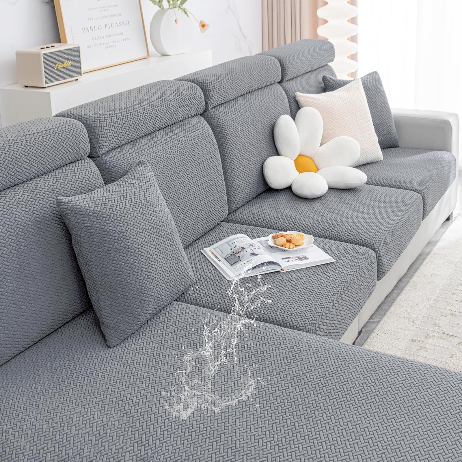 Smiry Waterproof Couch Cushion Covers, Stretch Jacquard Sectional Couch Covers, L Shape Sofa Cushion Covers, Washable Chaise Lounge Cover Elastic Furniture Protector (X-Large Chaise Cover, Light Grey)