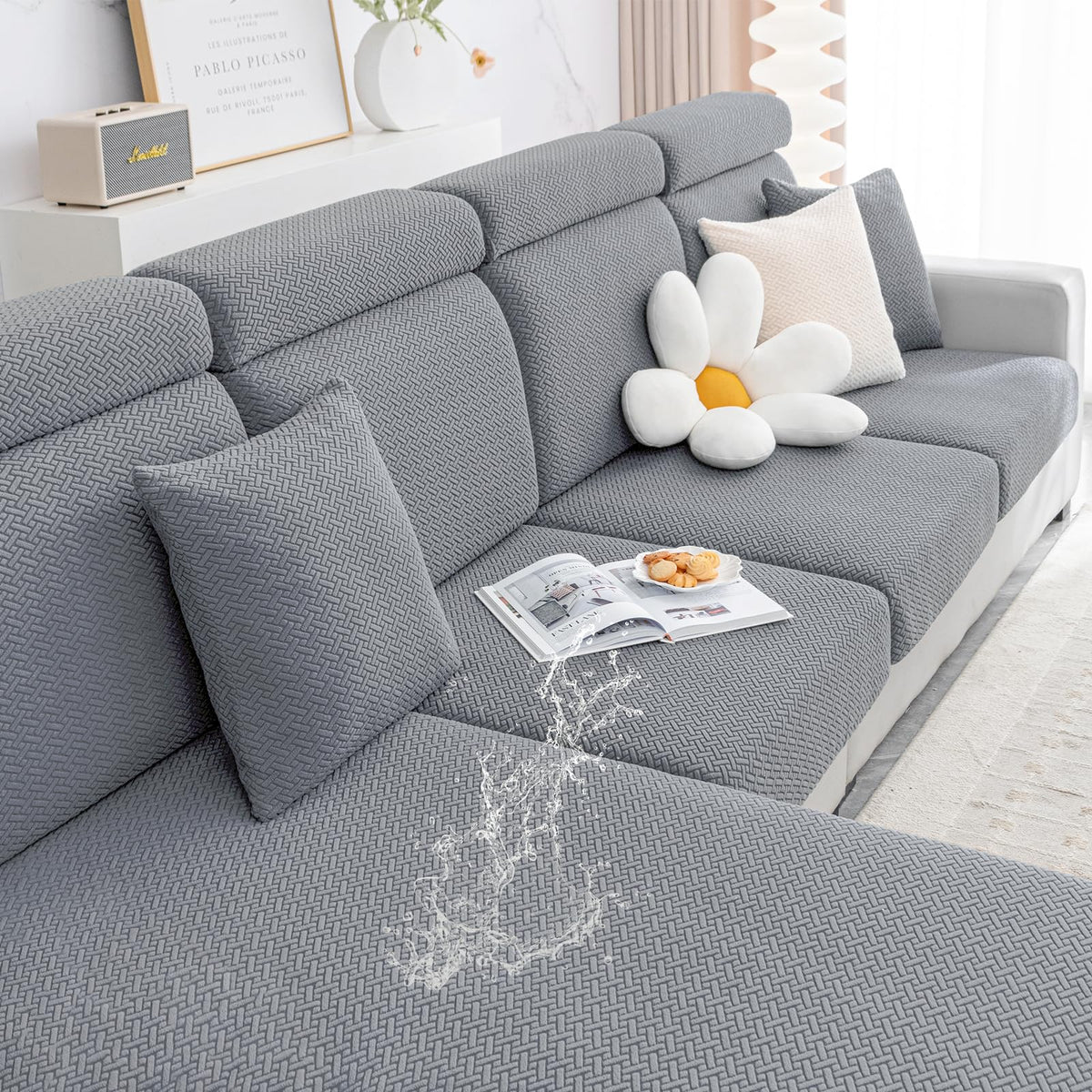Smiry Waterproof Couch Cushion Covers, Stretch Jacquard Thick Sofa Cushion Covers, Washable Seat Cover Slipcover Elastic Furniture Protector For Pets, Kid (2Pc, Light Grey)