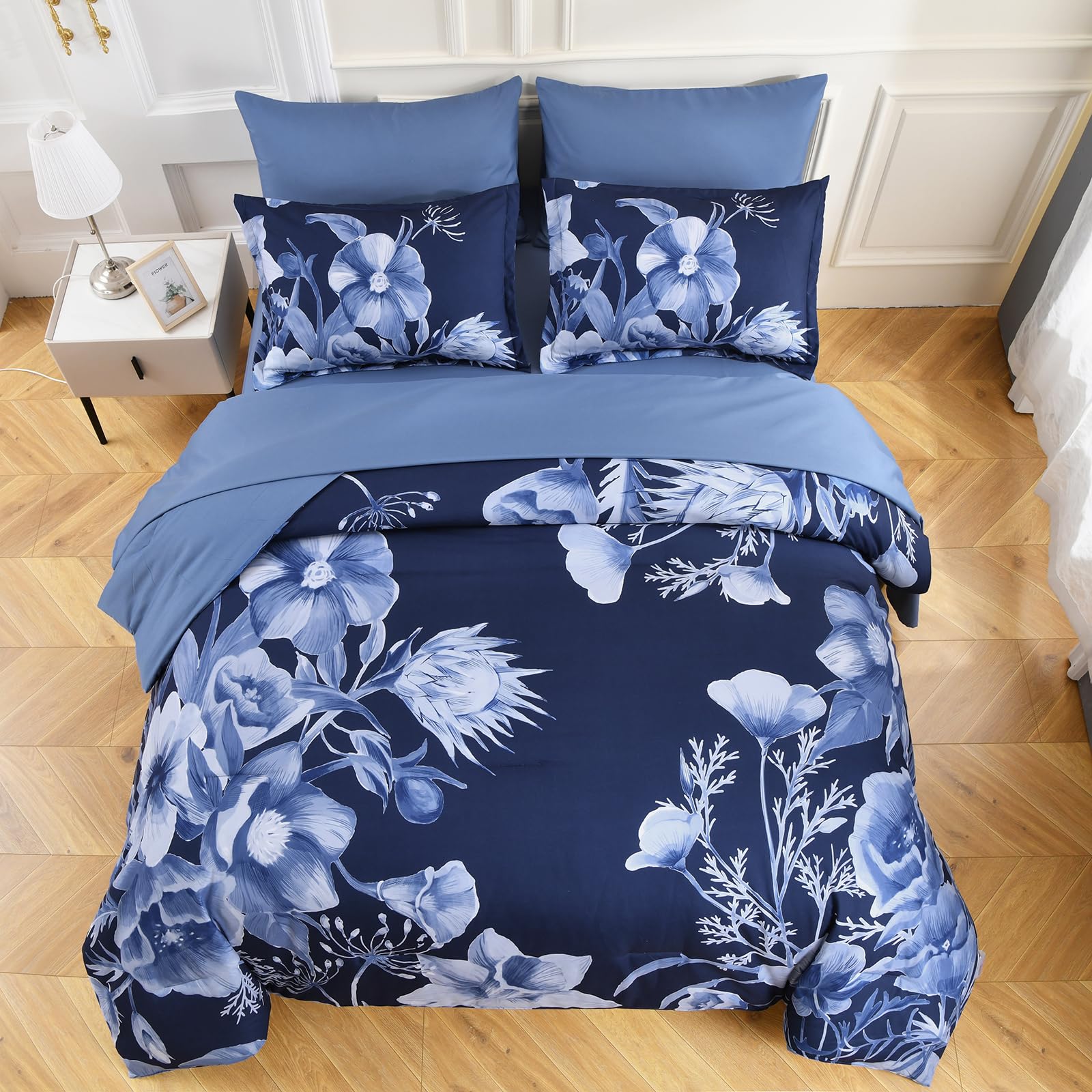 Luxudecor Floral Comforter Set King Size 7 Piece, Navy Blue Flower Bed In A Bag, Elegant Floral Comforter With Sheet Set, Soft M