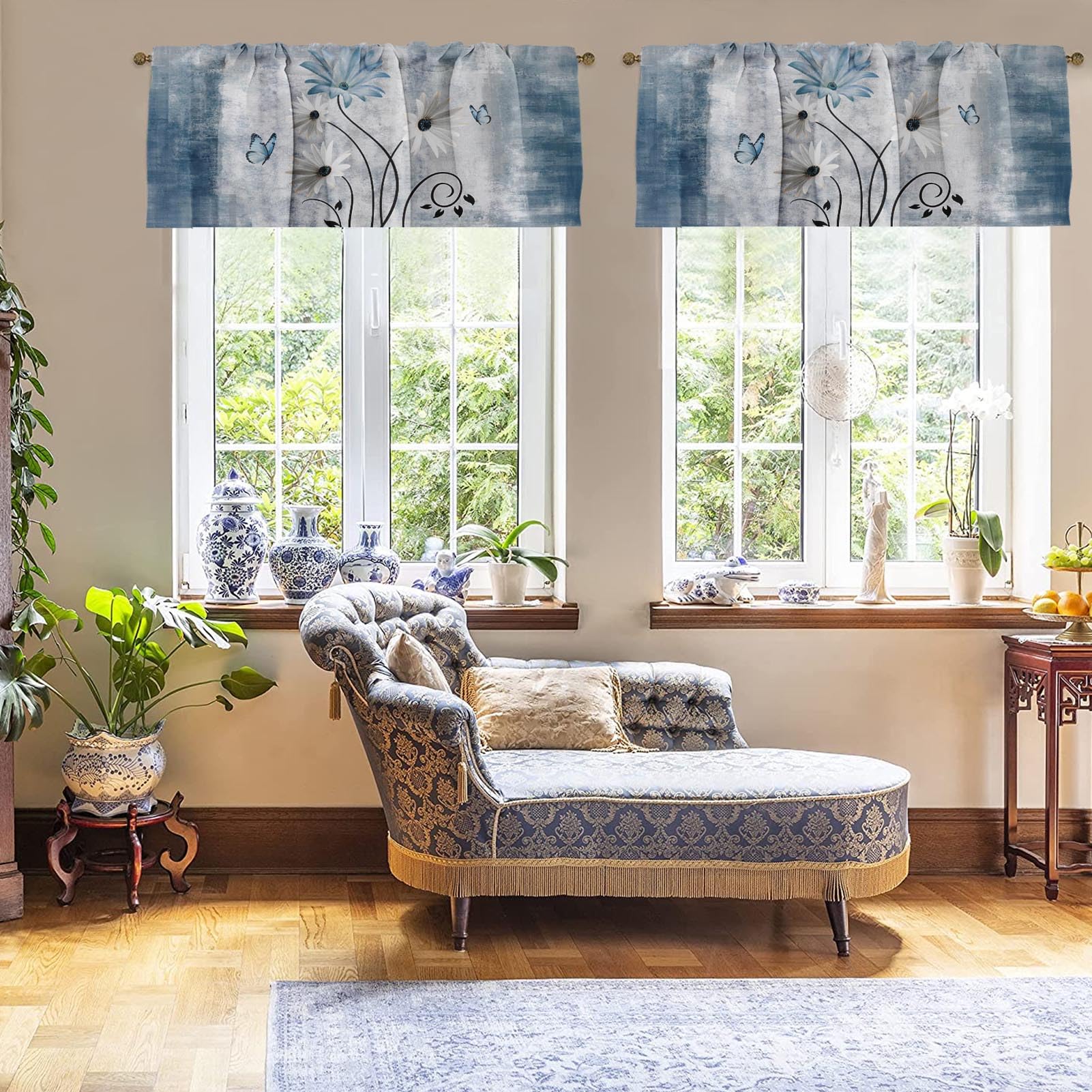 Emvency 2 Pack Valances Window Treatments, Farmhouse Blue Daisy Flowers Butterfly Blackout Drapes Adjustable Curtain Valances Fo