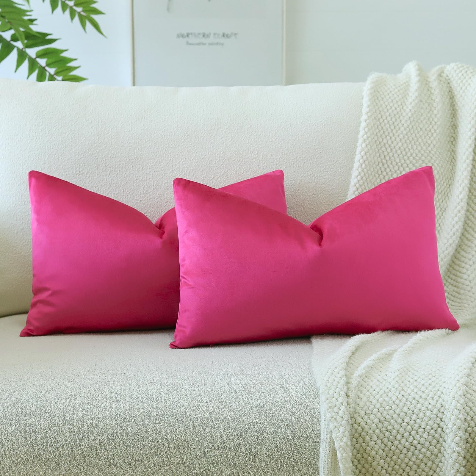 Otostar Pack Of 2 Velvet Soft Solid Decorative Throw Pillow Covers 16 X 24 Inch Pillow Covers Lumbar Cushion Case Couch Pillowcases For Sofa Bed Home Decor (Hot Pink)