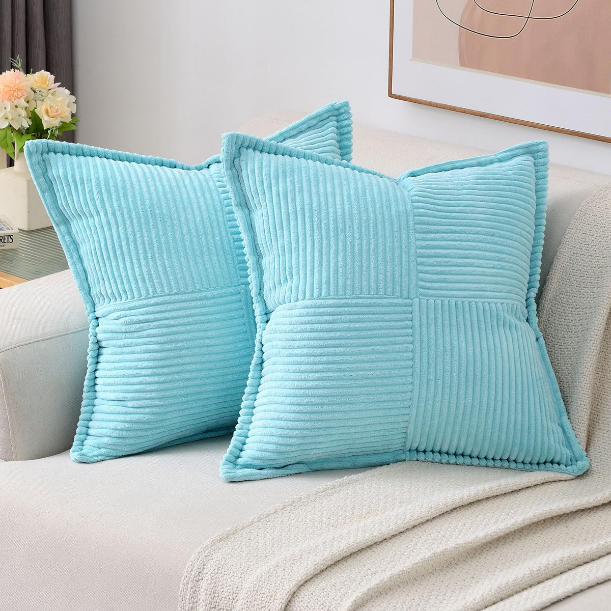 Haussy Light Blue Throw Pillow Covers 14X14 Inch Set Of 2,Soft Solid Corduroy Striped/Wide Bordered,Square Decorative Cushion Ca