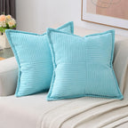 Haussy Light Blue Throw Pillow Covers 20X20 Inch Set Of 2,Soft Solid Corduroy Striped/Wide Bordered,Square Decorative Cushion Ca