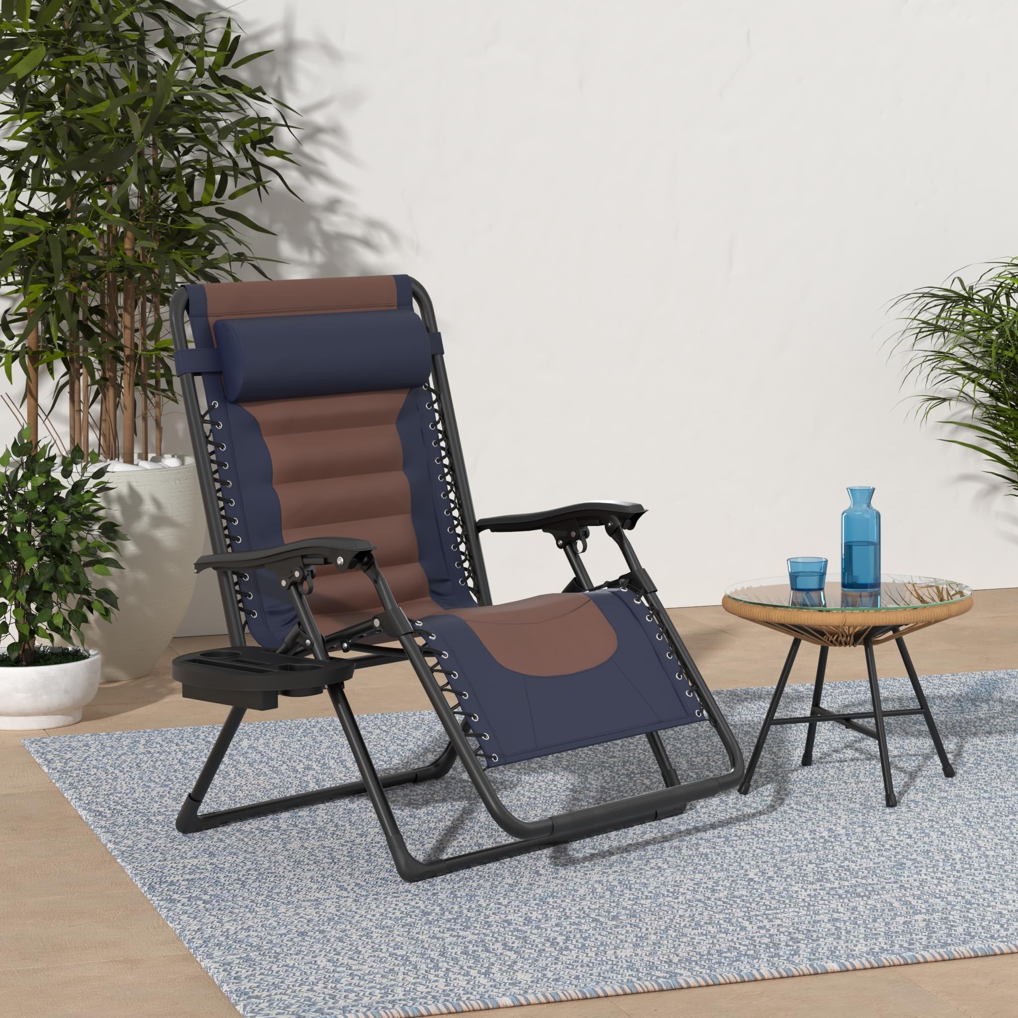 Best Choice Products Oversized Padded Zero Gravity Chair, Folding Outdoor Patio Recliner, Xl Anti Gravity Lounger For Backyard W/Headrest, Cup Holder, Side Tray, Polyester Mesh - Navy/Brown