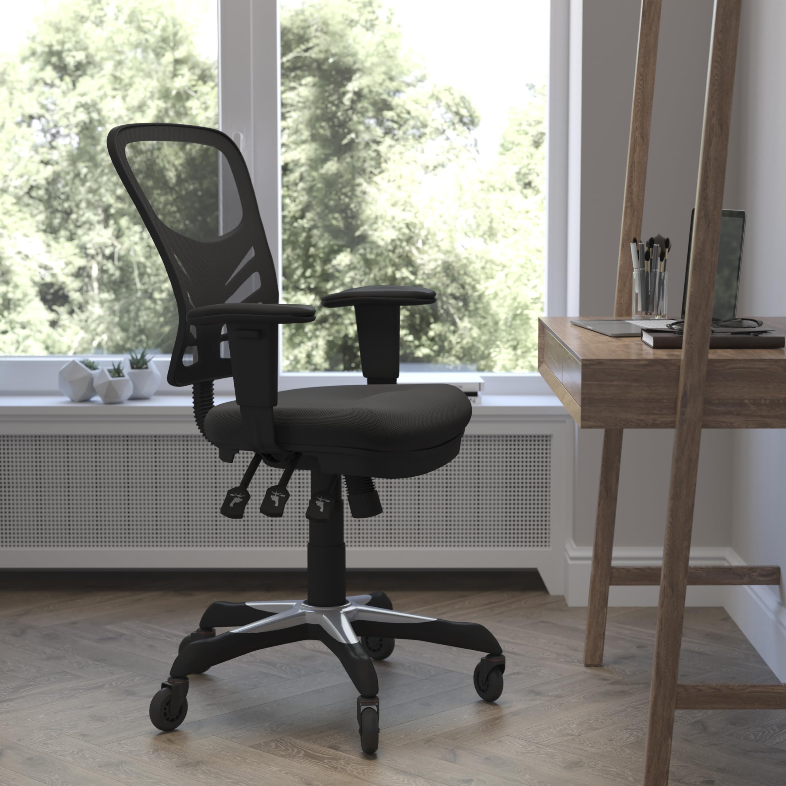 Flash Furniture Nicholas Mid-Back Black Mesh Multifunction Executive Swivel Ergonomic Office Chair With Adjustable Arms And Transparent Roller Wheels