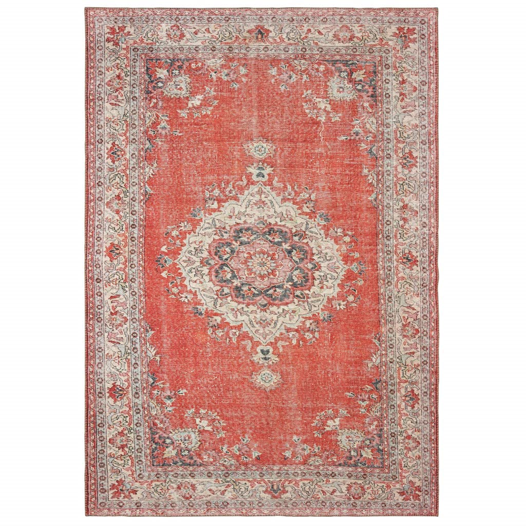 HomeRoots Polyester, Chenille 4’x6’ Red and Gray Oriental Area Rug