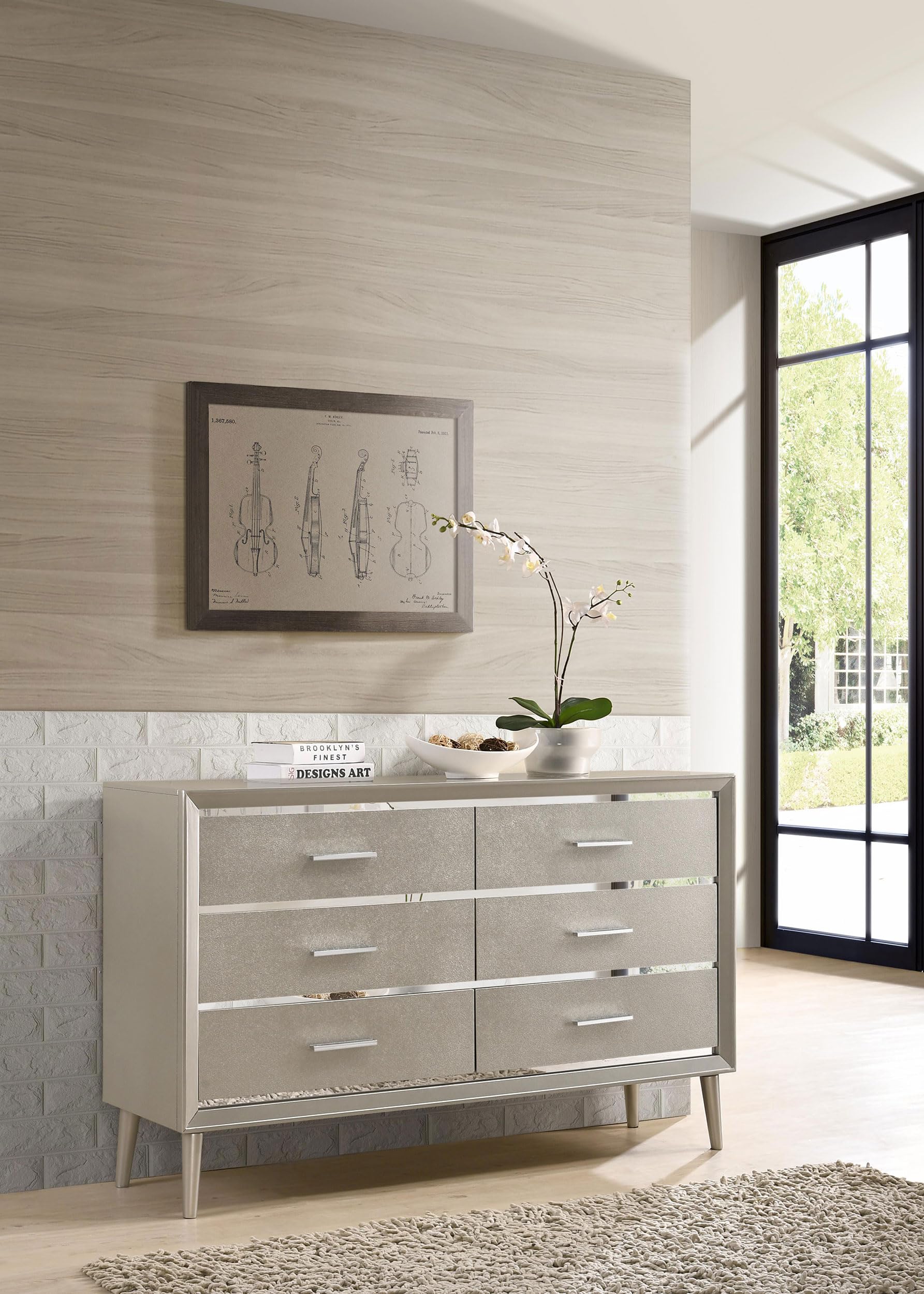 Coaster Home Furnishings Ramon Modern Classic 59-inch 6-Drawer Bedroom Dresser Clothing Storage Cabinet Wide Chest of Drawers Organizer Unit Metallic Sterling 222703