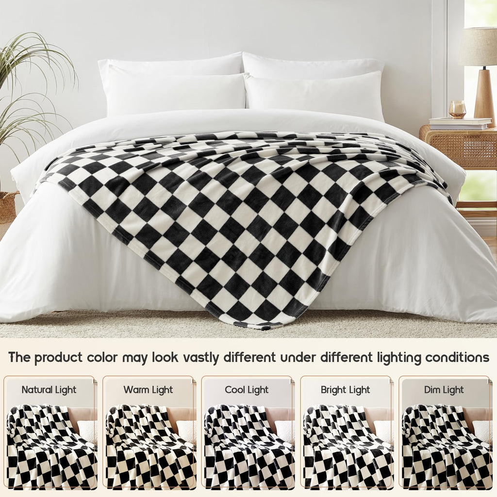 Homelike Moment Checkered Blanket Twin Size, Black Checkerboard Grid Soft Fluffy Fleece Twin Blanket, Fuzzy Cozy Plush Blanket F