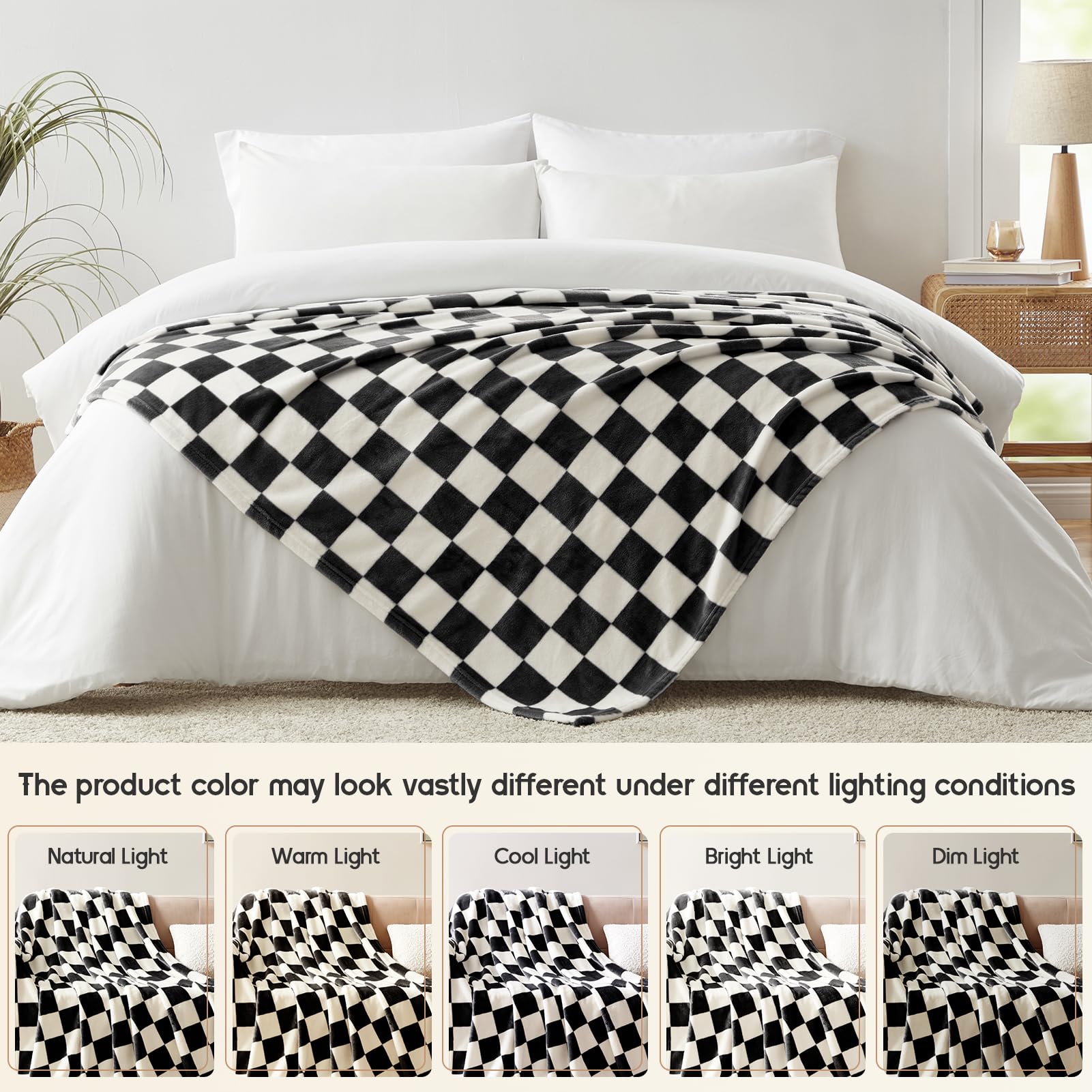 Homelike Moment Checkered Blanket Twin Size, Black Checkerboard Grid Soft Fluffy Fleece Twin Blanket, Fuzzy Cozy Plush Blanket F