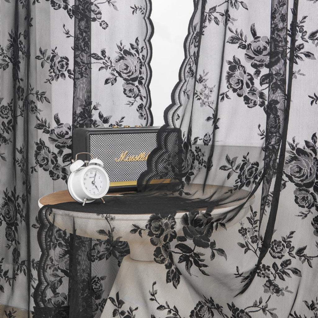 Seekright Black Lace Curtains 45 Inch Length Sheer Floral Curtains For Kitchen Cafe Rod Pocket Light Filtering Small Window Vict