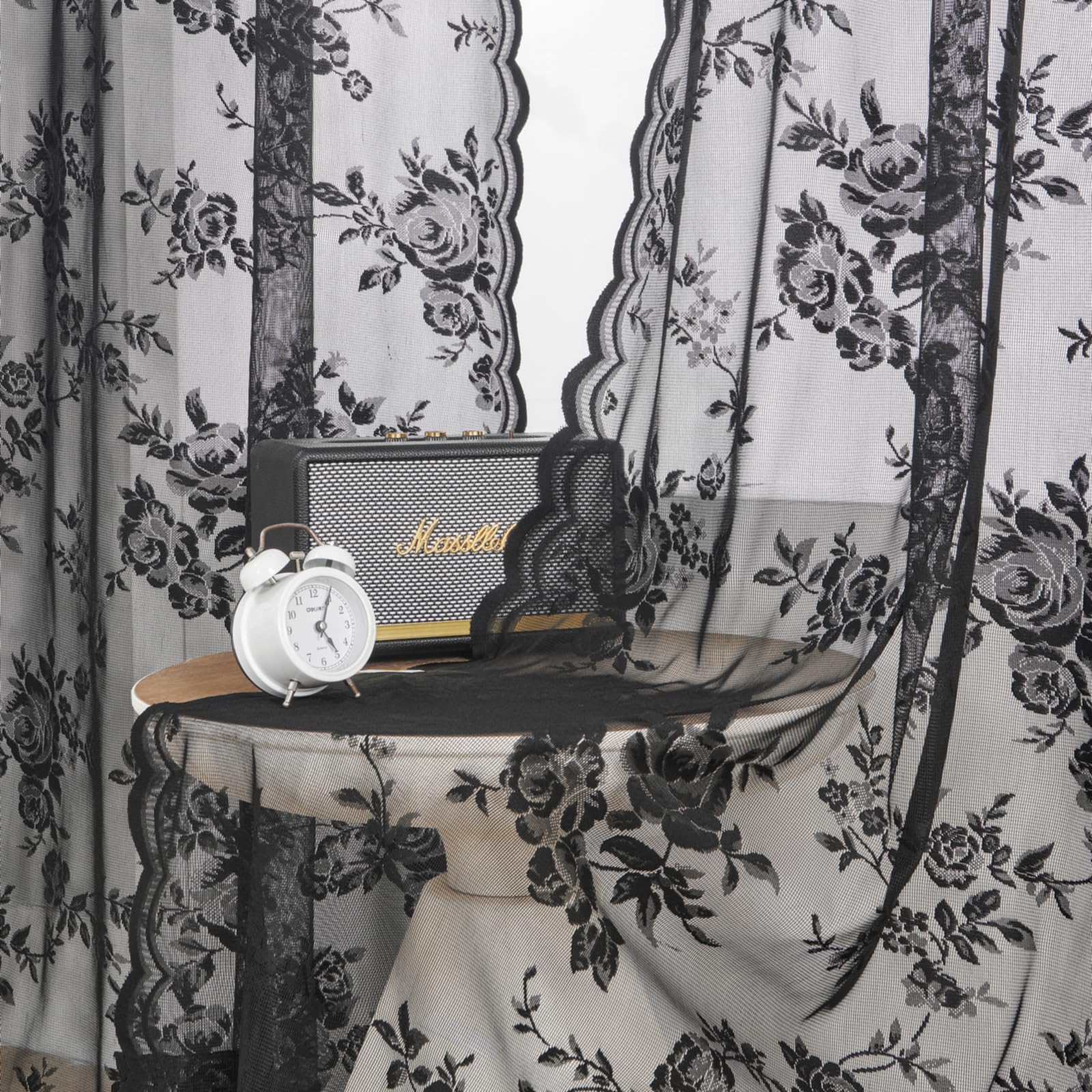 Seekright Black Lace Curtains 45 Inch Length Sheer Floral Curtains For Kitchen Cafe Rod Pocket Light Filtering Small Window Vict