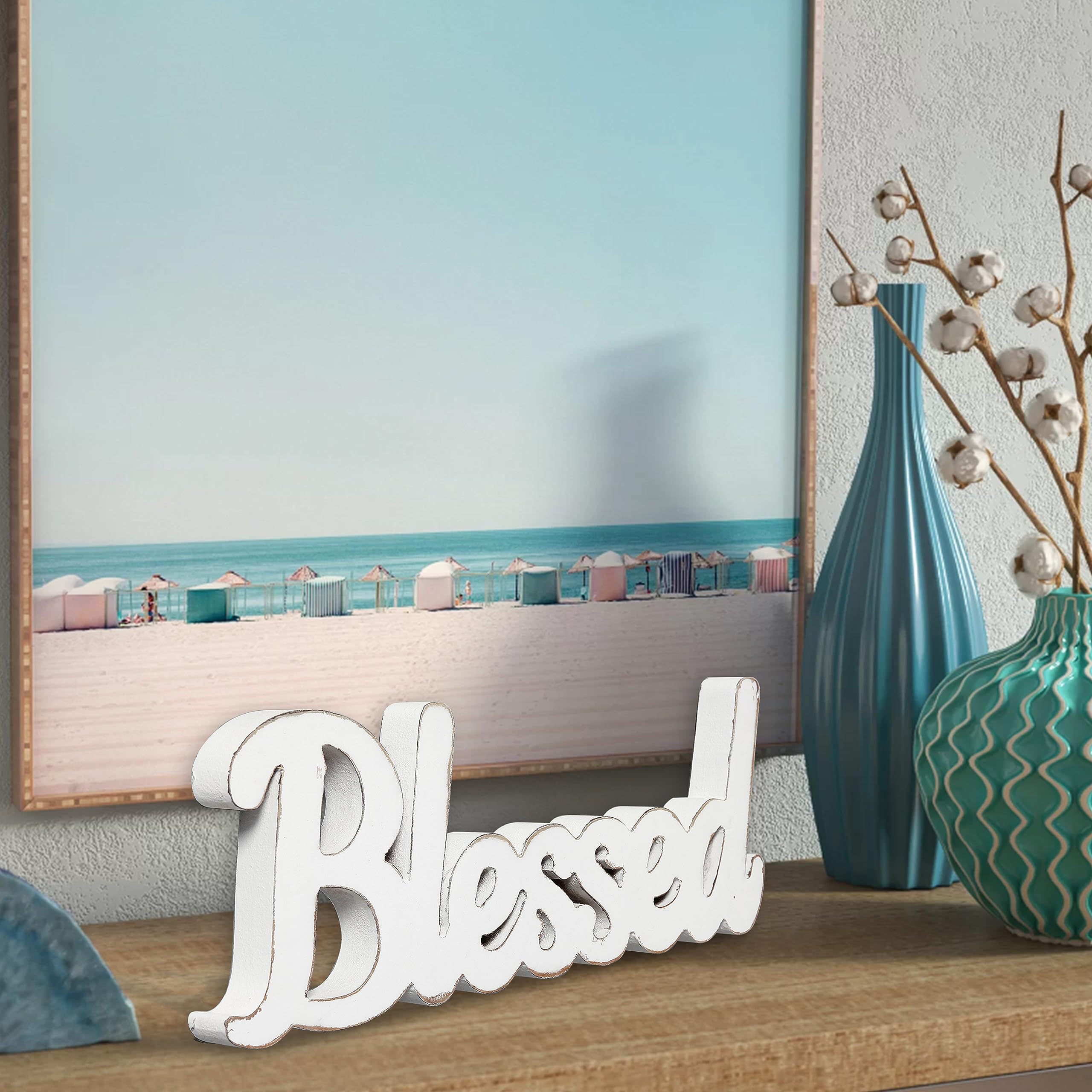 Sintosin Rustic White Wooden Blessed Sign For Tabletop 15', Wall Hanging Farmhouse Blessed Signs For Home Decor, Handmade Thank