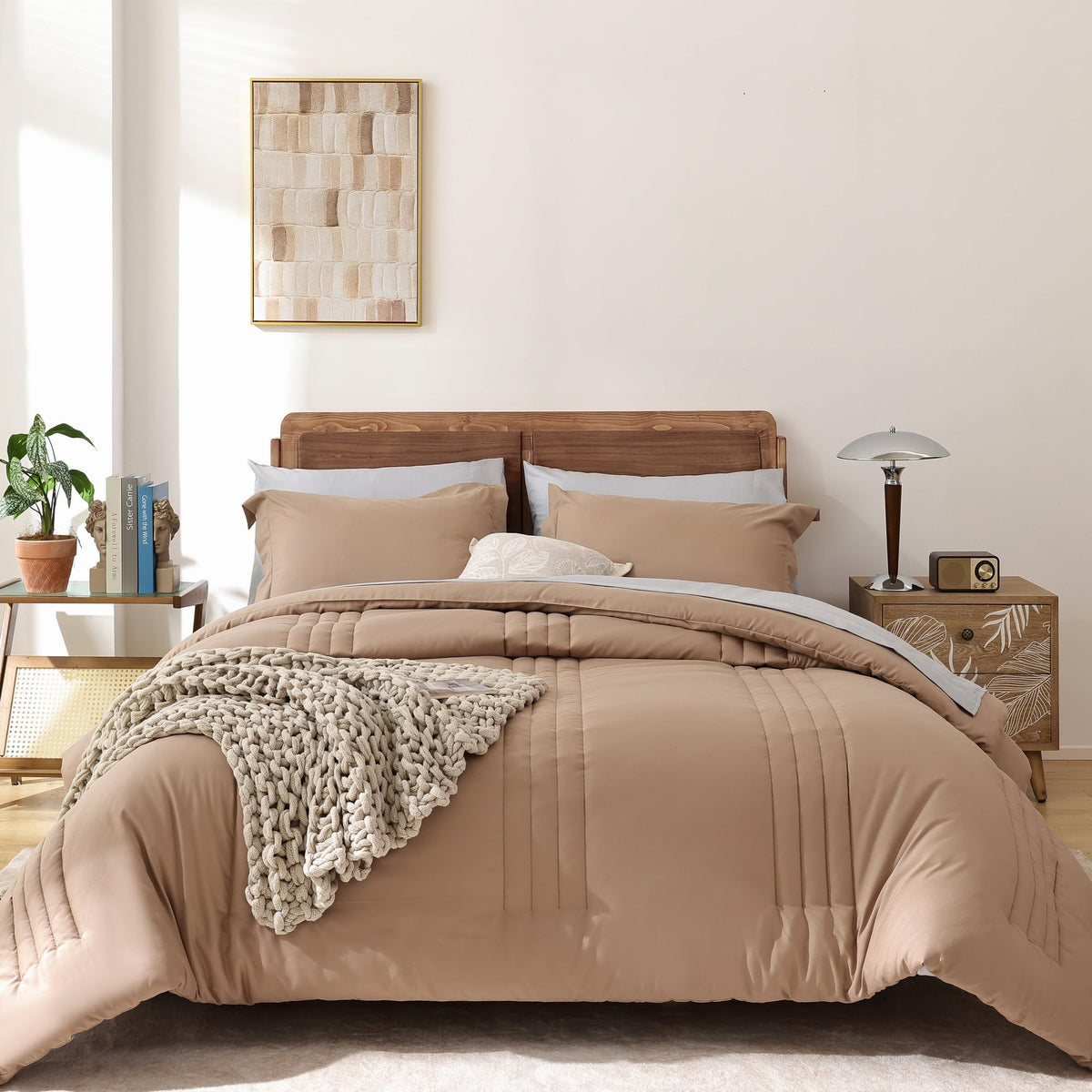 Smoofy Queen Comforter Set With Sheets 7 Pieces, Taupe Bedding Queen Size With Vertical Stripe, Bed In A Bag Queen For All Seaso