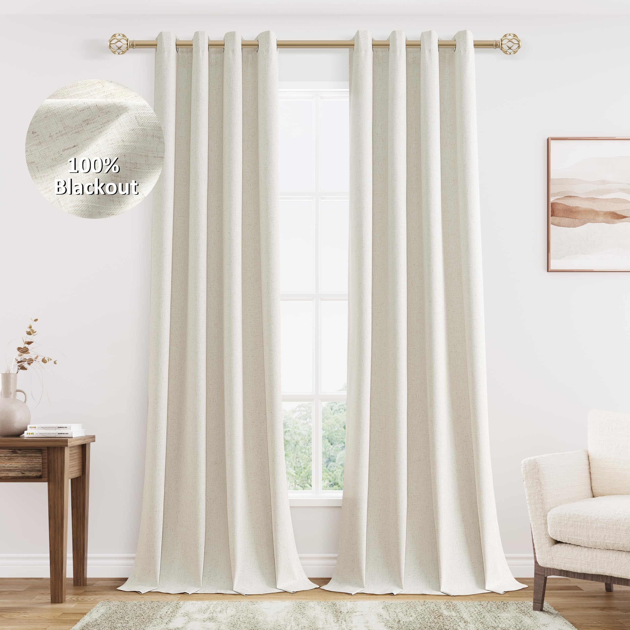 Jowels Cream Linen Blackout Curtains 102 Length 2 Panels Set for Living Room Bedroom, 100% Black Out Thermal Insulated Linen Dra