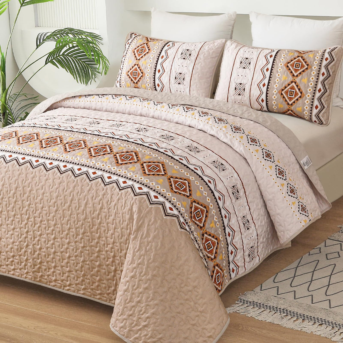 Wongs Bedding Boho Beige Quilt Set King Size,Geometry Printed Bedspread Coverlet Set With 2 Pillowcases,Soft Bohemian Bedding Se