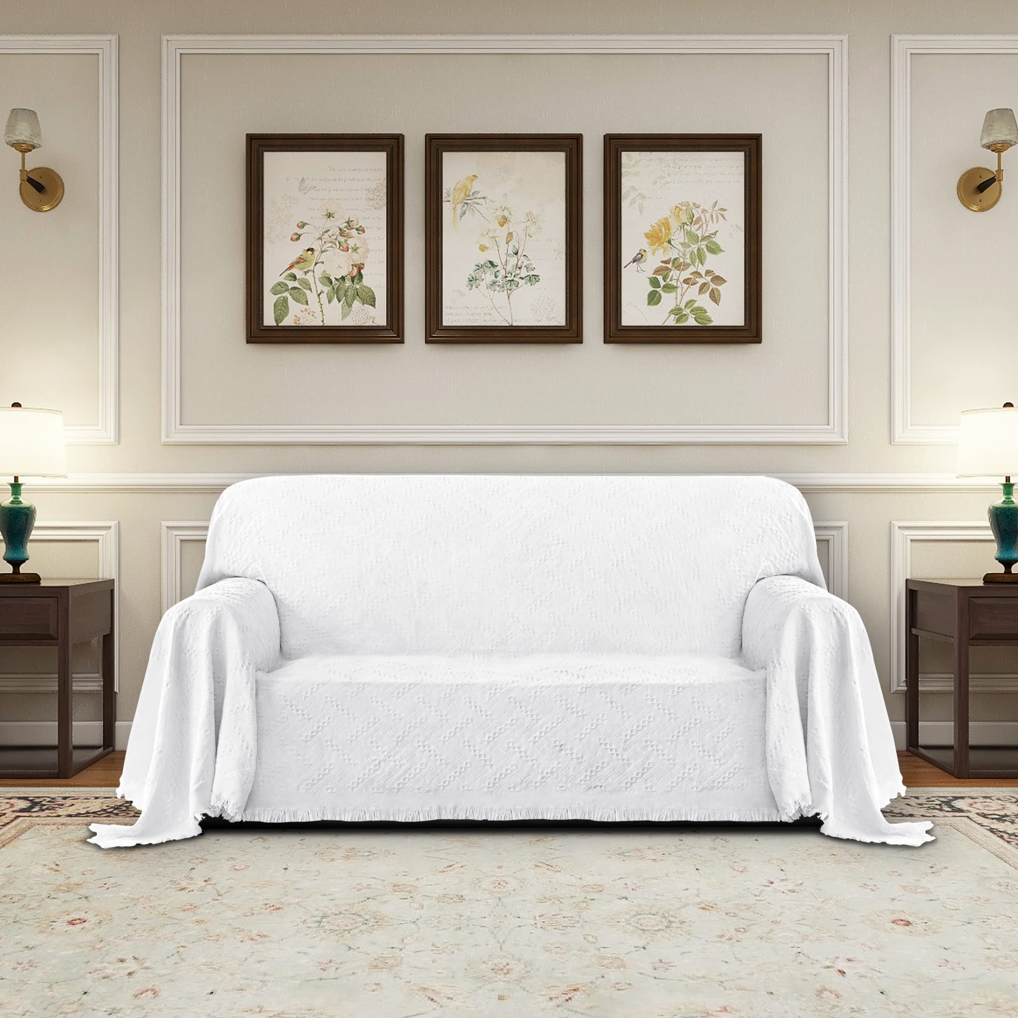 Purefit Geometric Jacquard Throw Sofa Cover - Textured Soft Washable Decorative Couch Covers For 3 Cushion Couch, Throw Cover With Tassels Furniture Protector For Pets, Kids (Medium, White)