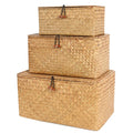 FEILANDUO Set of 3 Shelf Basket with Lid for Home Decor Seagrass Storage Baskets Natural Rattan Woven Rectangular Organizer Box 