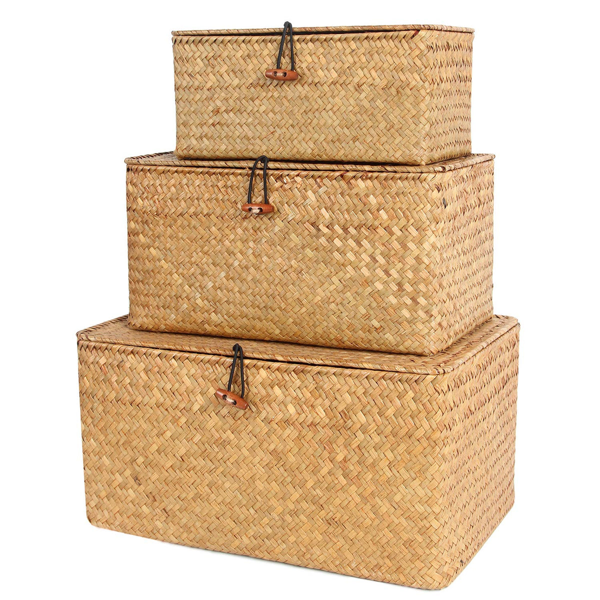 FEILANDUO Set of 3 Shelf Basket with Lid for Home Decor Seagrass Storage Baskets Natural Rattan Woven Rectangular Organizer Box 