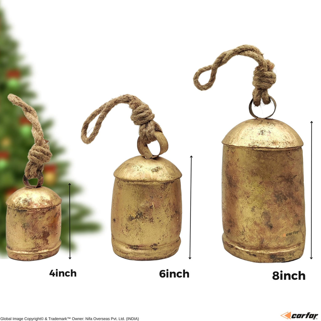 Carfar Handicrafts Vintage Rustic Metal Harmony Cow Bells Set Of 3 Huge Rustic Christmas Handmade Bells On Jute Rope