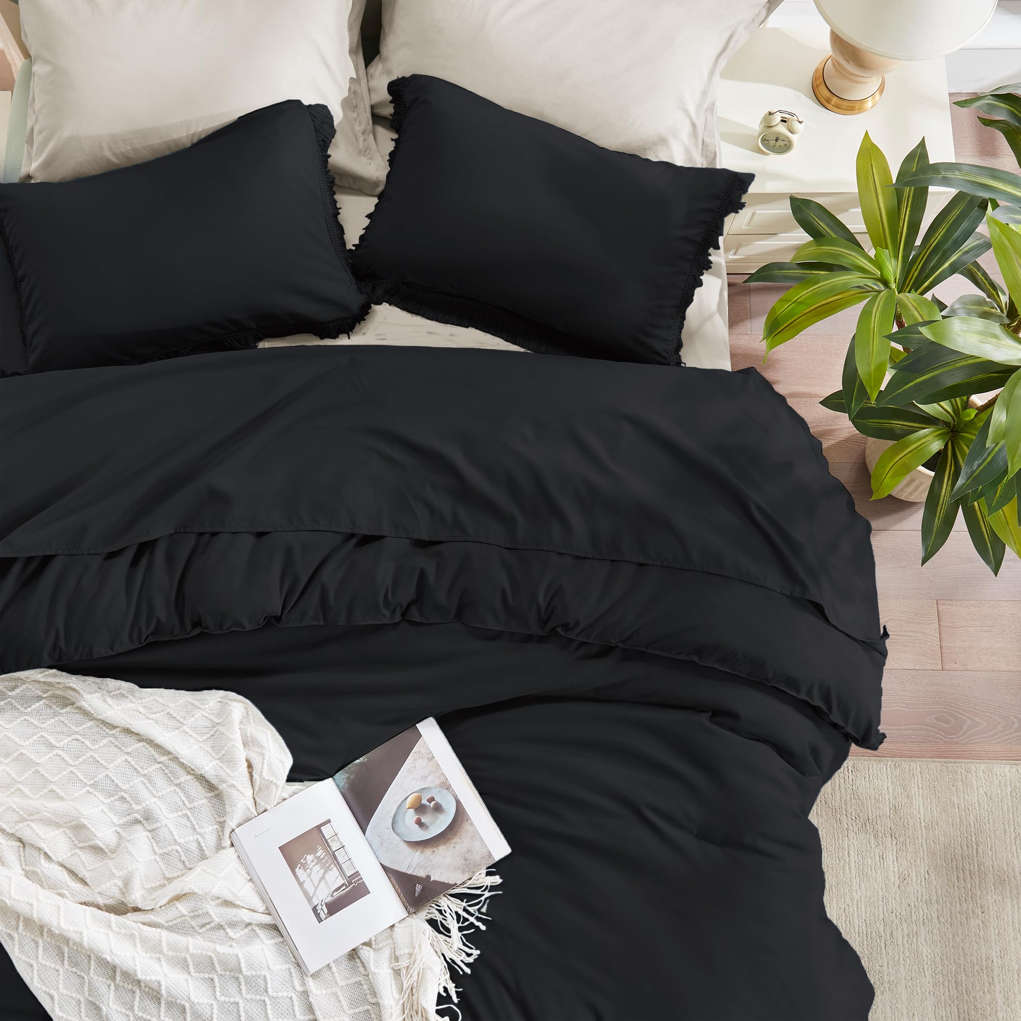 Andency Black Comforter Set Queen, 3 Pieces Boho Tassel Lightweight Bedding Comforter Sets, All Season Soft Fluffy Fringe Bed Set (90X90In Comforter & 2 Pillowcases)