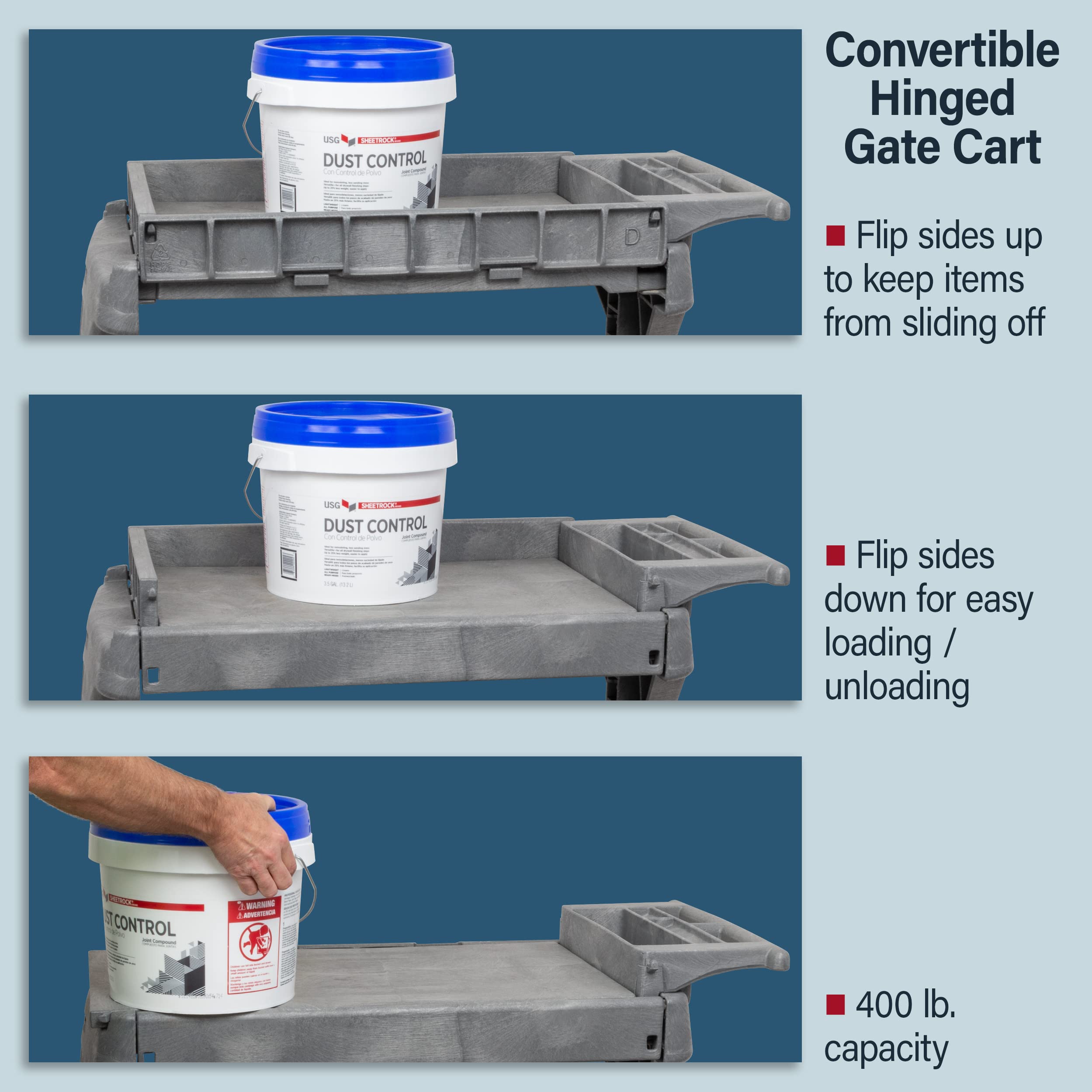 Akro-Mils 30936 ProCart 400 Pound Capacity Heavy Duty 2 Tier Rolling Service Utility Cart with Wheels and Hinged Side Gates, 46-Inch x 24-Inch x 35-Inch, Gray