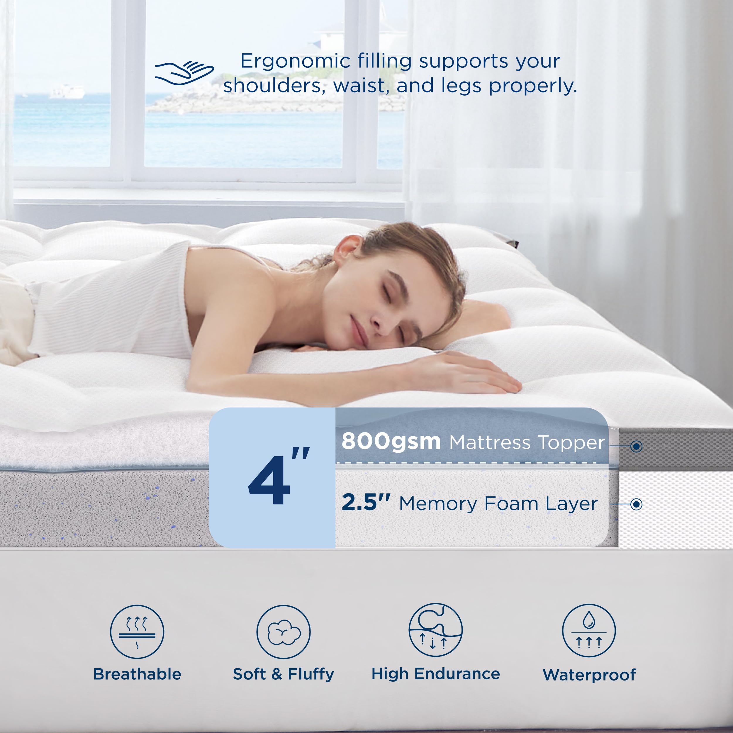 Bedsure 4 Inch Memory Foam Mattress Topper King Size, Dual Layer 2.5 Inch Gel Memory Foam & 800 Gsm Waterproof Pillow Top Cooling Mattress Pad With 8-21 Inch Deep Pocket