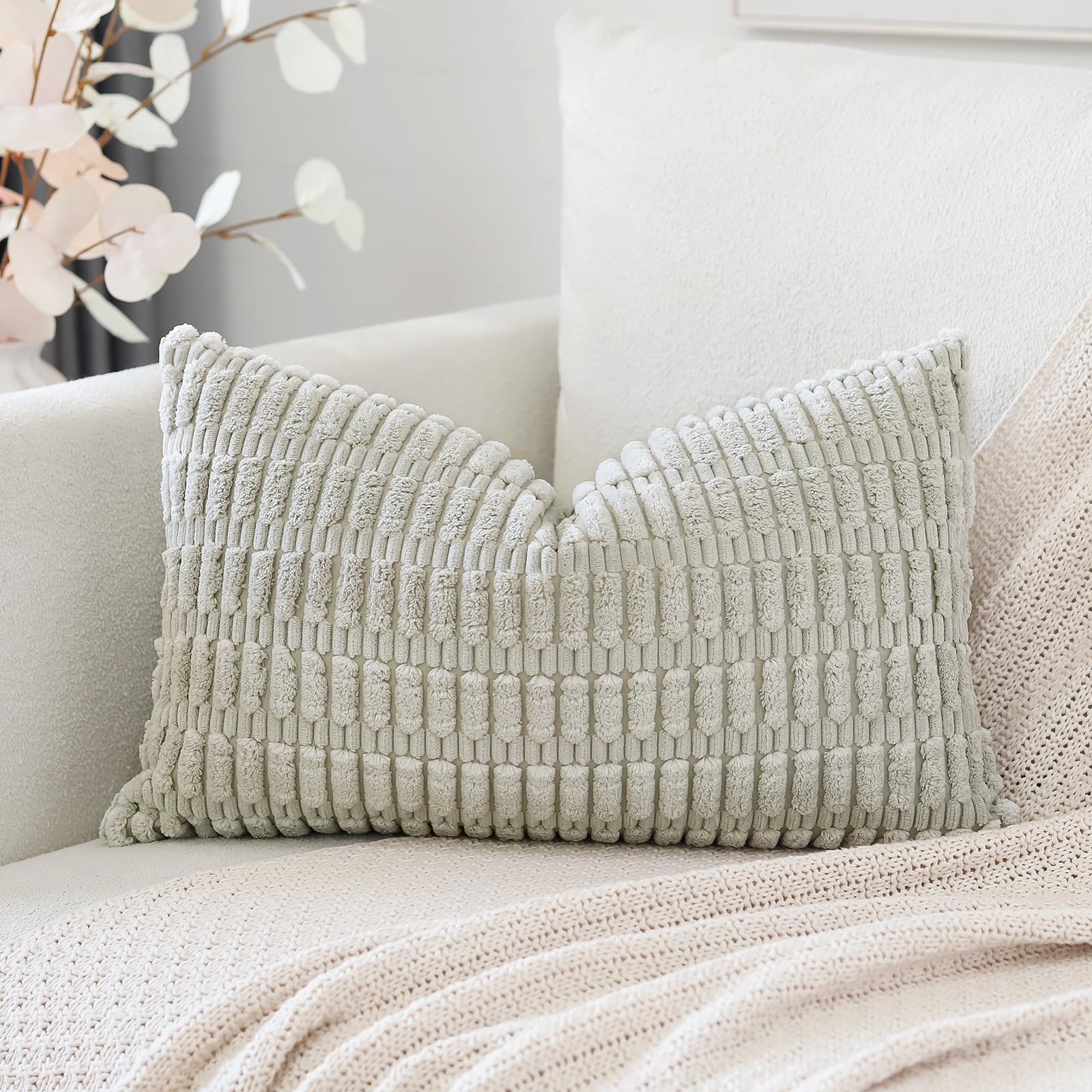 Otostar Corduroy Decorative Throw Pillow Covers 12X20 Inch Super Soft Boho Striped Rectangle Pillow Covers Case Modern Cushion Covers For Sofa Couch Bedroom Car Decor Light Grey