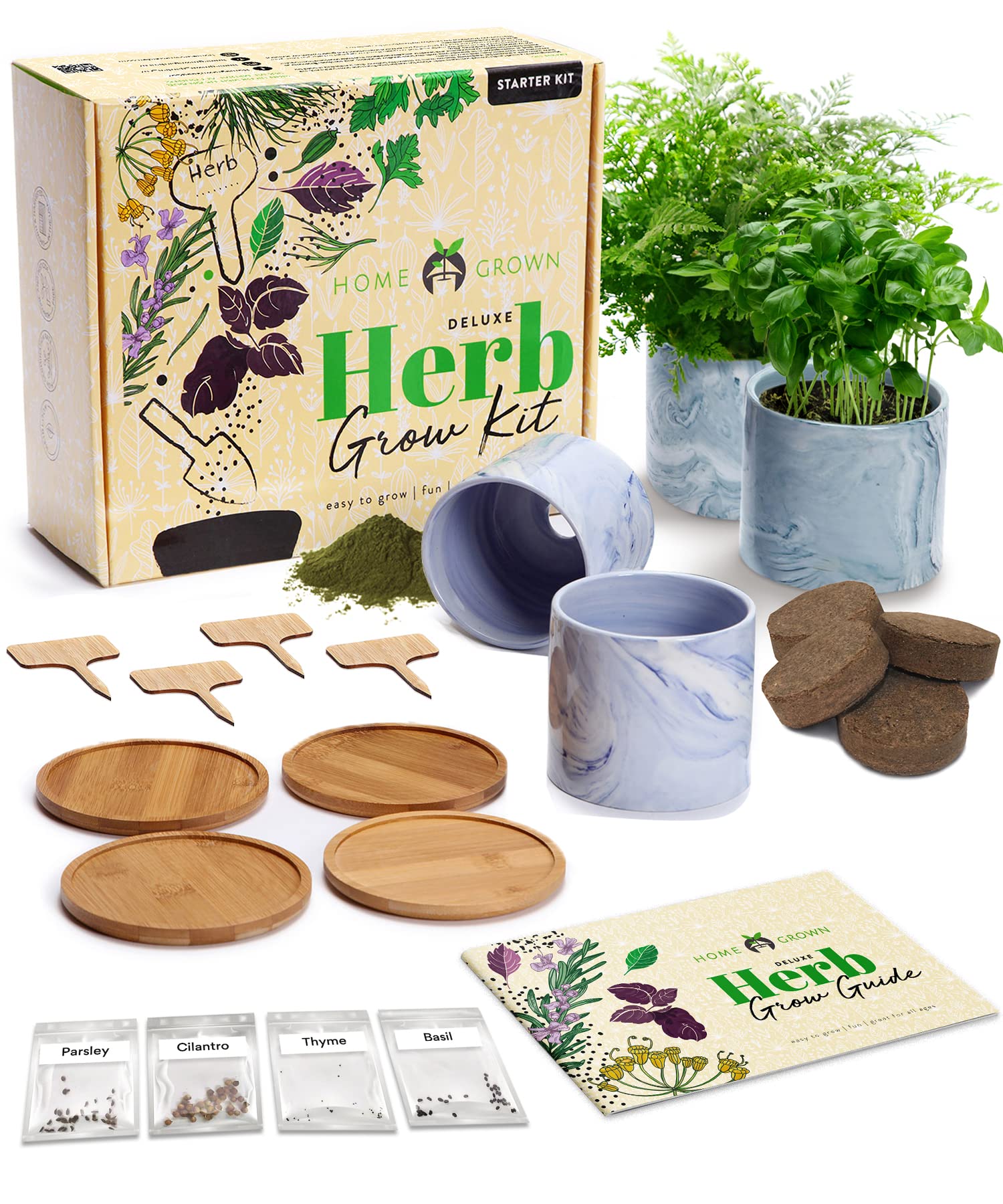 4 Herb Garden Starter Kit Indoor: Complete Grow Kit W/ Deluxe Ceramic Pots & Soil - Diy Herb Seeds To Plant, Window Garden Home