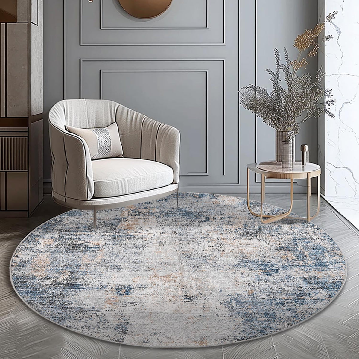 jinchan Round Rug 4ft Area Rug Indoor Modern Circle Rug 4' Round Washable Thin Rug Abstract Distressed Floor Mat Blue Multi Prin